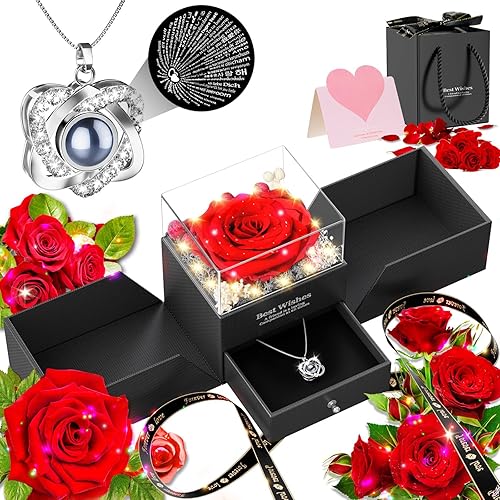 Preserved Red Rose Necklace with I Love You Heart -
