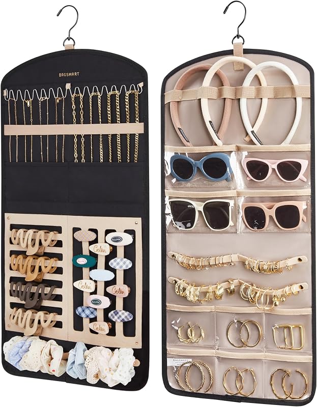 BAGSMART Organizador de Joyas Colgantes Clip de Garra Porta Collares Rollo para Gomas para el Cabello, Diademas, Clips, Pendientes, Collares, lentes Doble Cara en Armario, Pared, Puerta, 1 Pieza, Grande-Negro