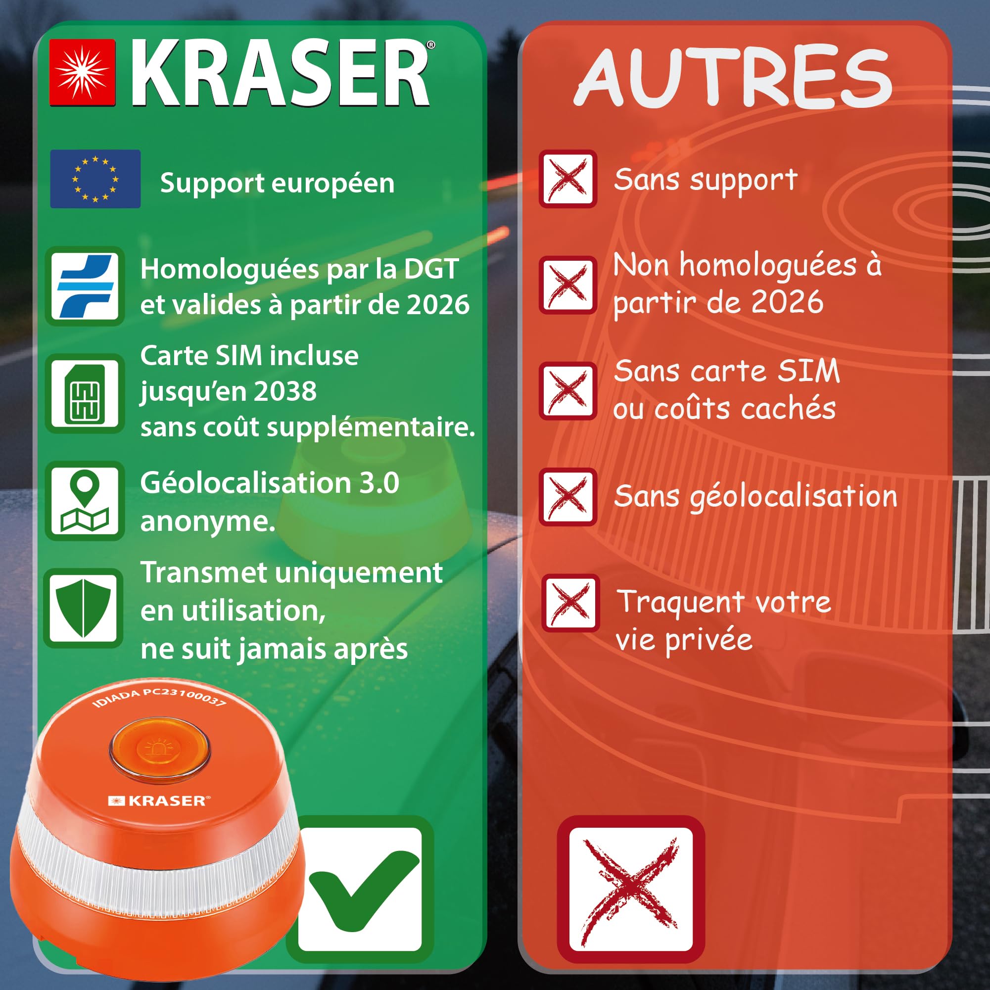 KRASER KRV16IOT Lumière d'urgence V16 Homologuée DGT 3.0 LED 360° Balise Magnétique avec Géolocalisation Avancé et carte SIM