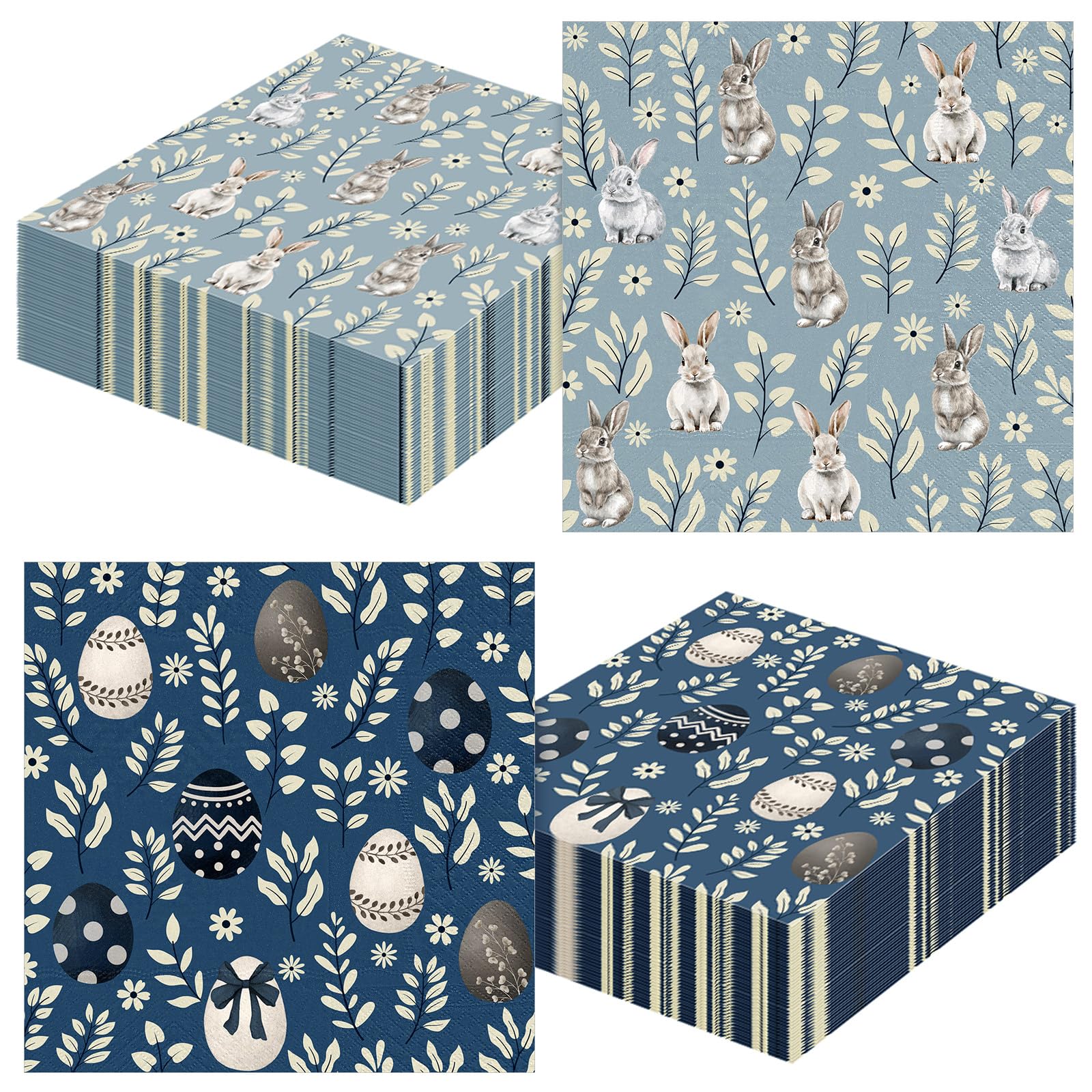 Photo 1 of 100Pcs Bunny Paper Napkins Easter Disposable Napkins Blue White Rabbit Cocktail Napkin for Decoupage Easter Birthday Party Tableware Supplies Decor, 6.5 x 6.5 Inch