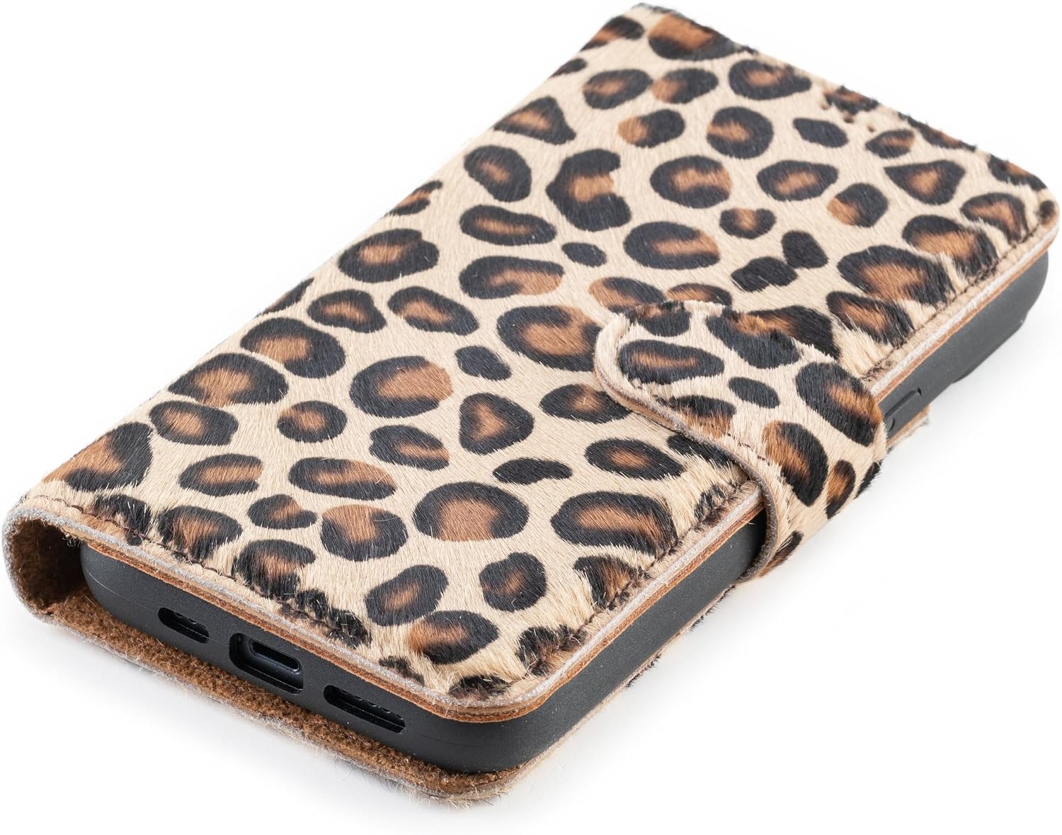 | Leather Case for iPhone 15 with MagSafe Compatibility, Genuine Leather Wallet Case for iPhone 15 with Card Holder, Detachable Magnetic Flip Cover, RFID Blocking - Leopard