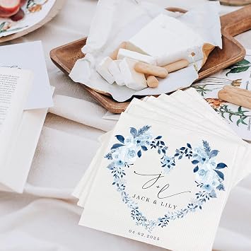 Custom Cocktail Napkins For Wedding Disposable Watercolor Floral Heart Custom Name Pack 50 100 150 500 Anniversary Decoration Initials Flowers Bridal Shower Party Luncheon Dinner Paper Bar Beverage