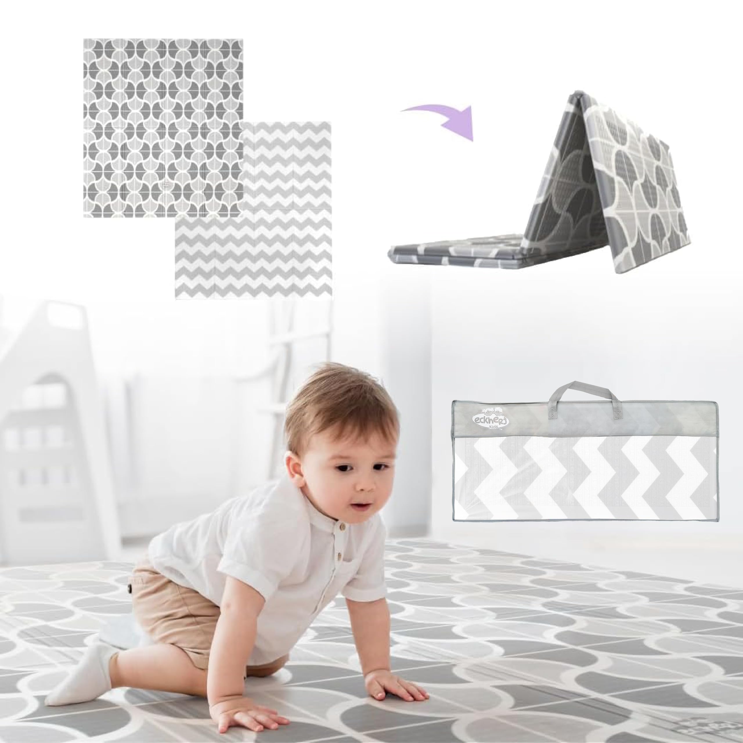 Alfombra infantil de juego para bebé, plegable, reversible, acolchada, lavable, antideslizante, con bolsa transportadora - 180 cm x 160 cm x 1 cm de espesor - Eckhert kids - Gray Shapes