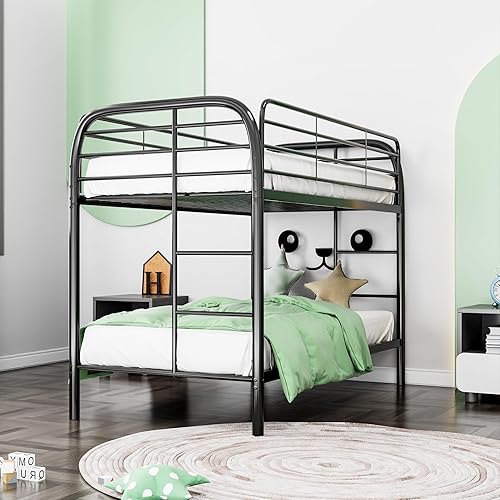 Literas individuales sobre individuales, literas de metal con barandilla de protección segura y escaleras, ahorro de espacio (requiere montaje)