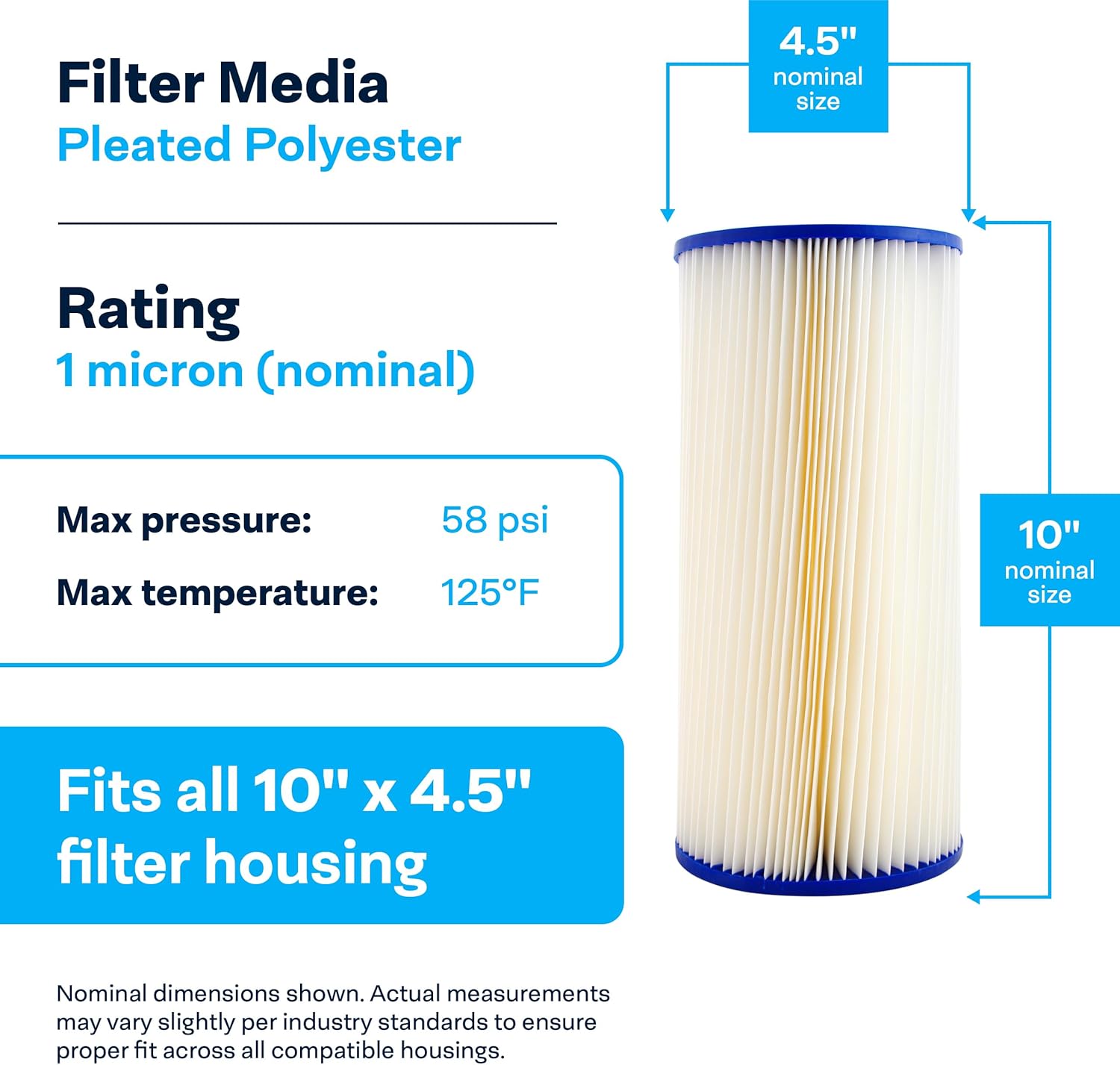 SpiroPure SP-EC1-BB 10x4.5 1 Micron Pleated Polyester Sediment Water Filter Cartridge ECP1-BB 255489-43 (Case of 8)