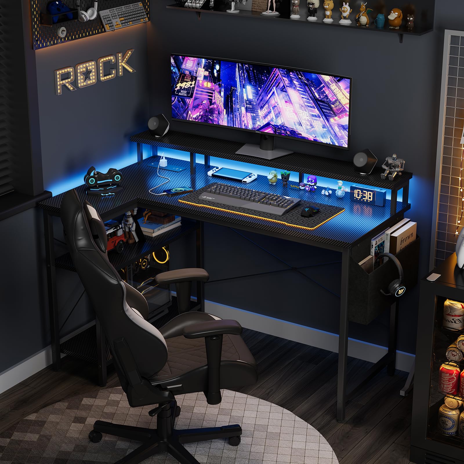 Grandder Scrivania ad Angolo Reversibile 120x70cm, Tavolino Computer a Forma L Ripiani Portaoggetti e Struttura in Acciaio, per Gaming, Computer, Ufficio, Studio e Casa, Nero