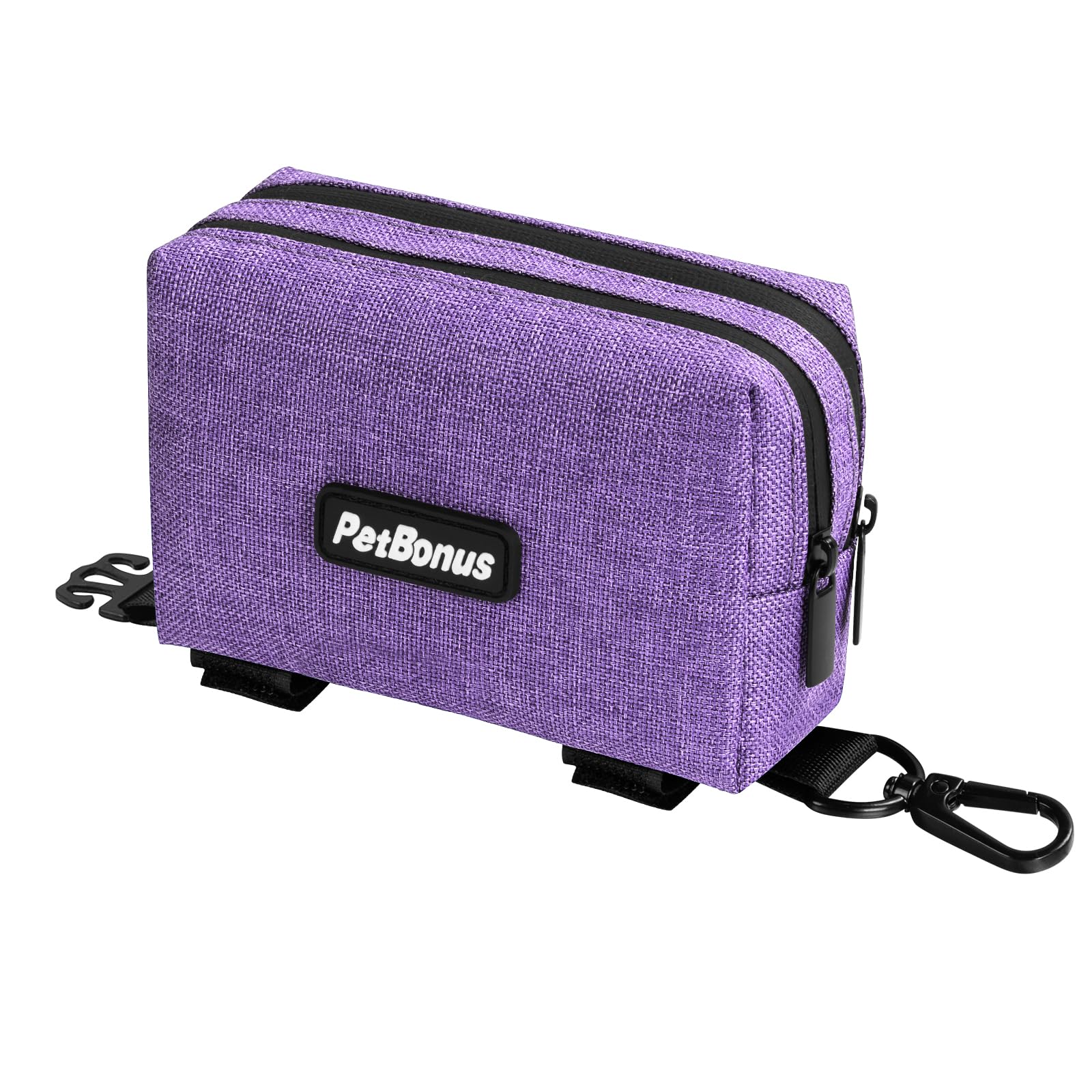 PetBonus Dog Poop Bag Holder, Portable Pet Waste Bag Dispenser, 2 Pouches for Treats and Walking Accessories, Fit All Leads, Includes 1 Roll of Dog Poop Bags (Purple)