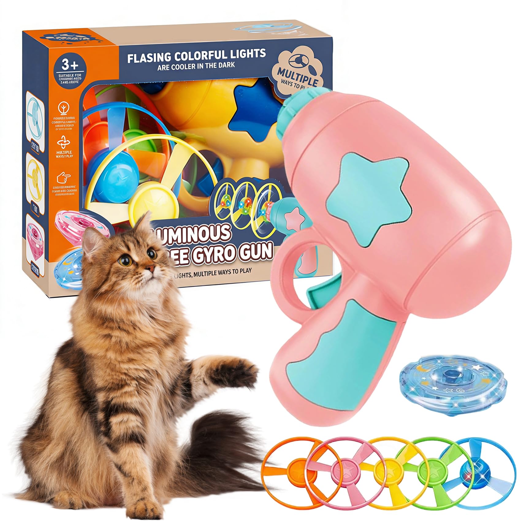 ZANWANXIN 6 Pcs Cat Fetch Toy Set Launcher Gun with Colorful Flying Propellers Set, Interactive Cat Fetch Toy Flying Disc Saucer Launcher, spinning disc shooter toys for Cats and Small Dogs (Pink)