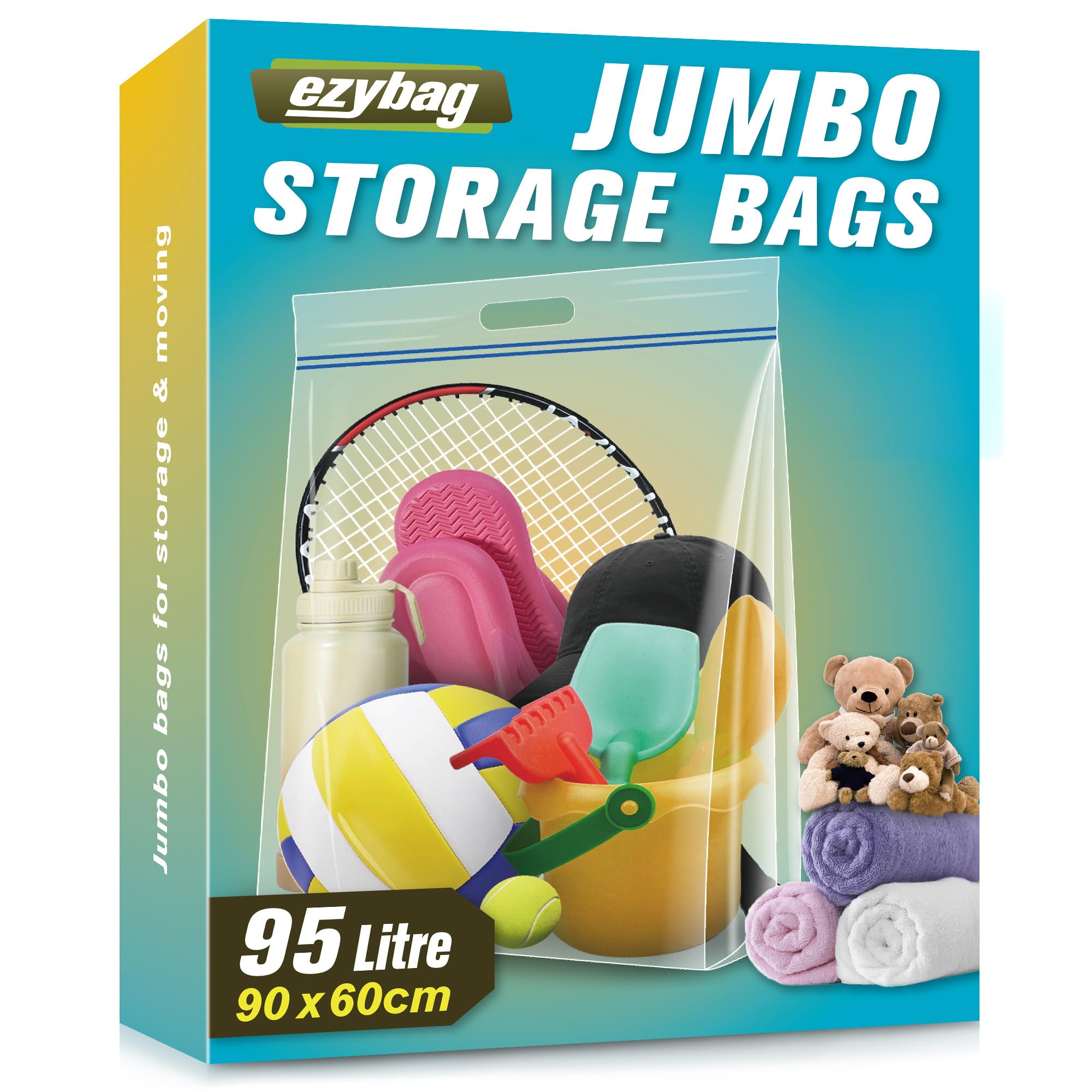 Ezybag 95 Litre Jumbo Storage Bags, Pack of 5 Resealable Clear Bags with Handle