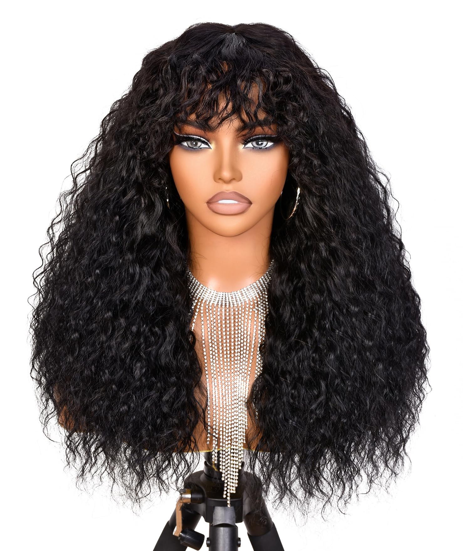 Muswanna Curly Wig with Bangs 210% Density Glueless Wig with True Scalp 100% Curly Human Hair Wig Pre-Bleached Natural Black Wig