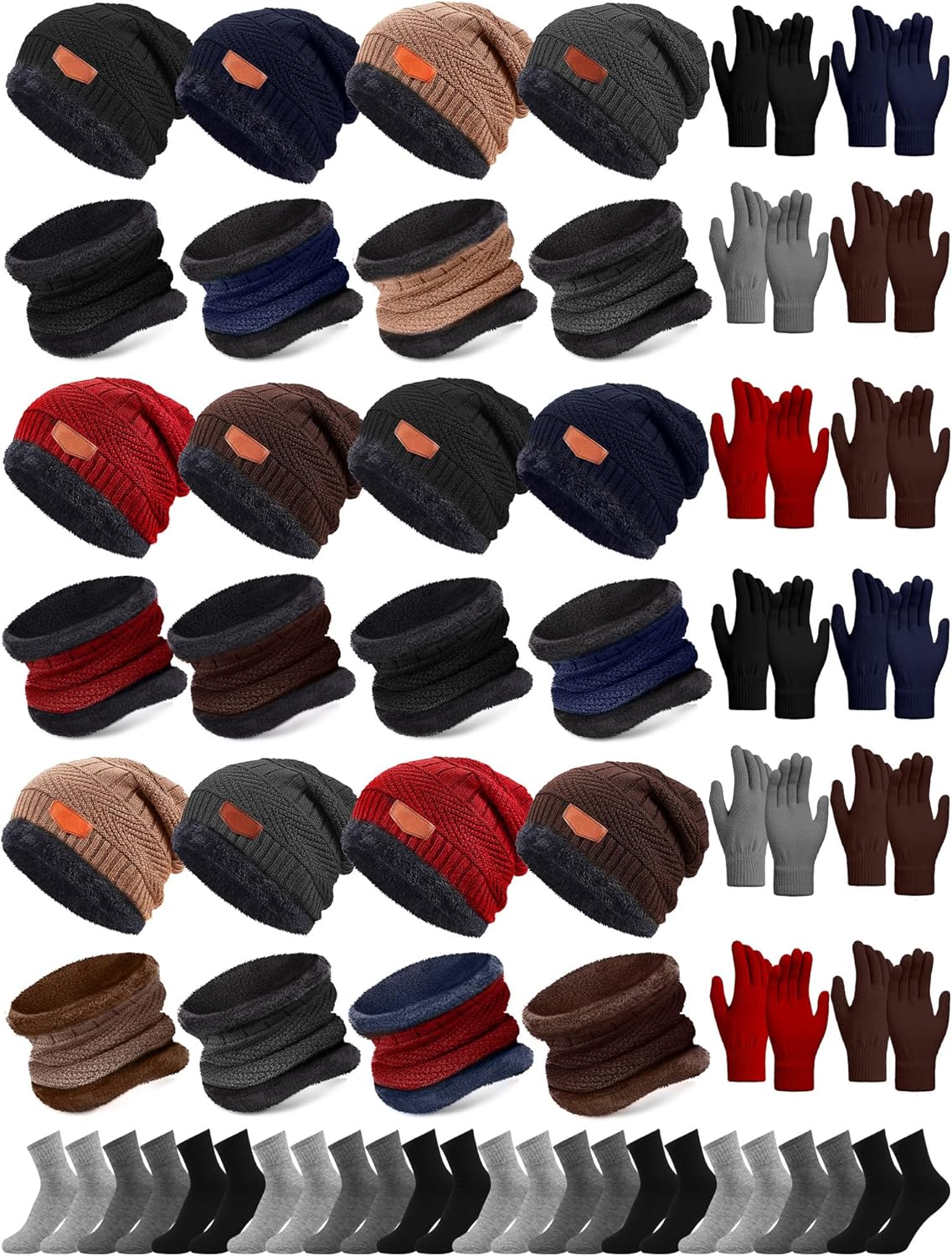 Toulite 48 Pcs Winter Hats Gloves Scarves Socks Set Fleece Lined Beanie Caps Neck Gaiter for Women Men Homeless Bulk Toulite 48 Pcs Winter Hats Gloves Scarves Socks Set Fleece Lined Beanie Caps Neck Gaiter for Women Men Homeless Bulk