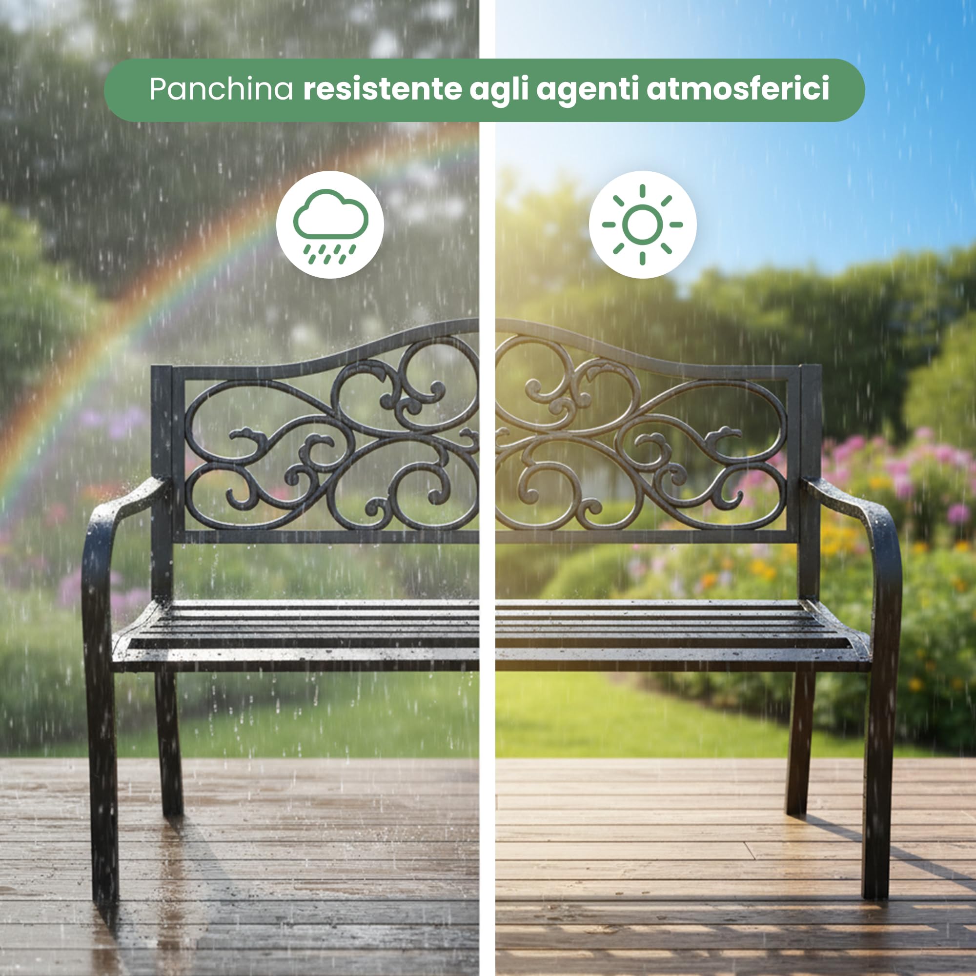 AKORD Panchina da Giardino IRGA con Gambe in Acciaio e Schienale in Ghisa | Panca da Esterno | Panchine Esterna con Bracciolo | Panche Moderno Resistente alle Intemperie | Larghezza 127 cm | Nero