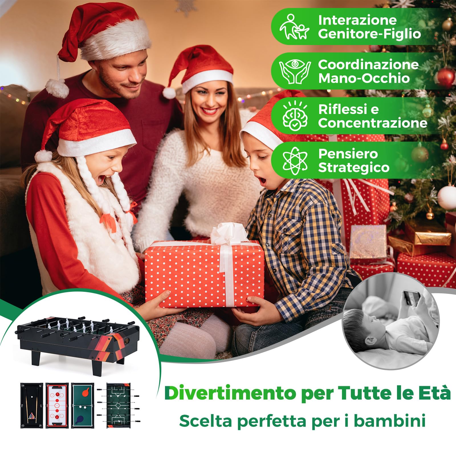 COSTWAY Tavolo Multigioco, Gioco Multifunzione 4 in 1-Calcio Balilla, Tavolo da Biliardo, Ping Pong, Air Hockey, Calcetto Multigioco per Adulti e Bambini, Casa Feste Bar (Nero)