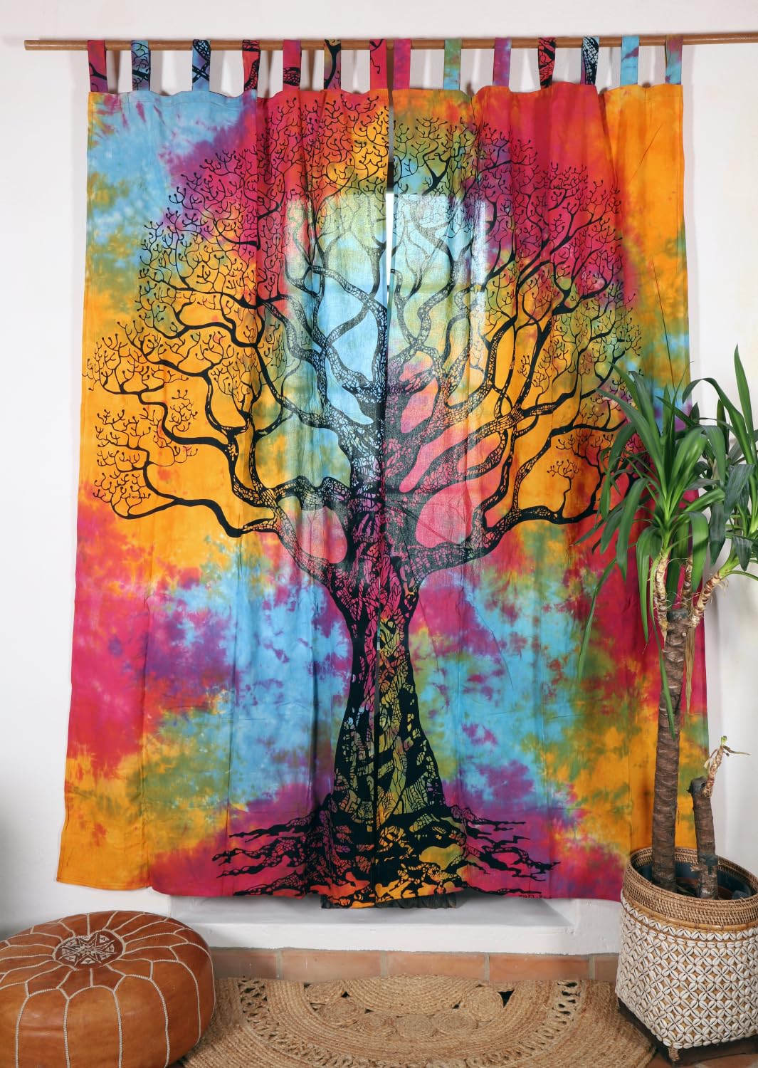 Boho Vorhänge, Gardine mit Schlaufen, handbedruckter Lebensbaum, batik