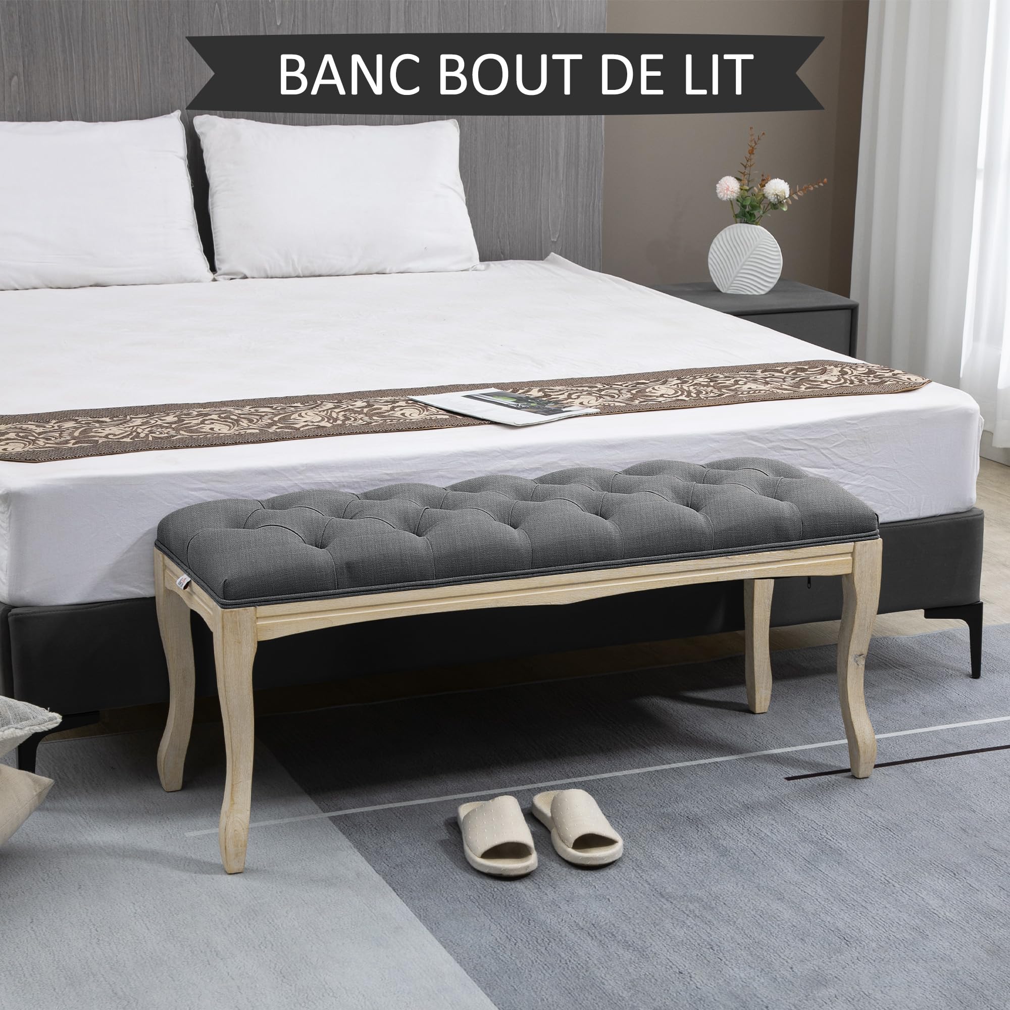 HOMCOM Panca imbottita stile classico, 110 cm, con testiera imbottita in lino, base in legno di Hevea intagliato, lino, grigio