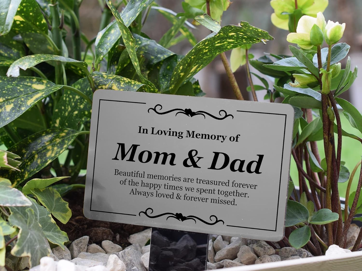 Mom & Dad Memorial | Remembrance Plaque | Stake - Silver and Black Acrylic | Waterproof | Outdoor | Grave Marker | Tribute | Plant Marker | Create A Lasting Remembrance