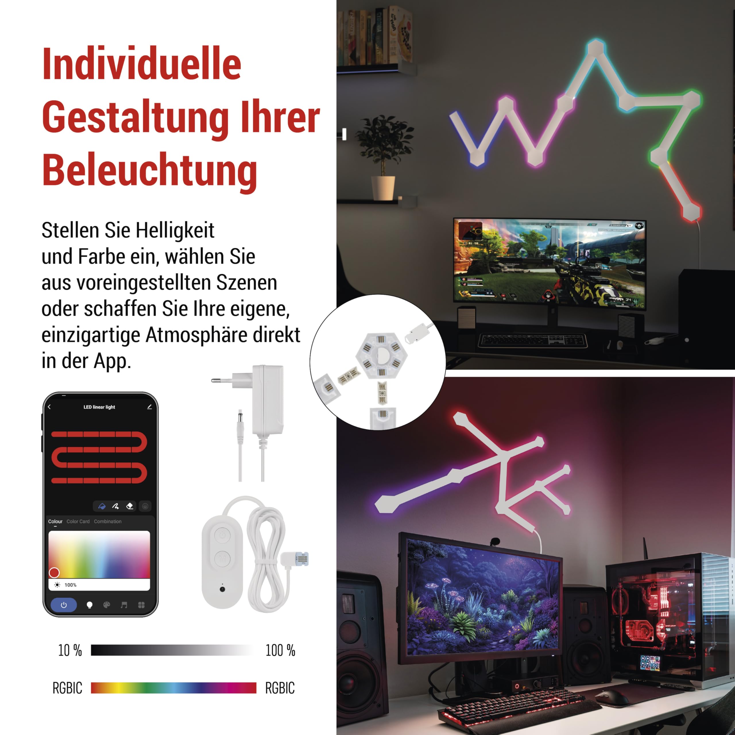 EMOS - Smart RGBIC Gaming-Wandleuchte mit App, 9+9 Segmente - Modular-Beleuchtung - 16+ Mio Farben, Musik-Synchronisation, Sprachsteuerung - 2,4 GHz WiFi-Ambientlicht - 1,5m Kabel und Netzteil - weiß
