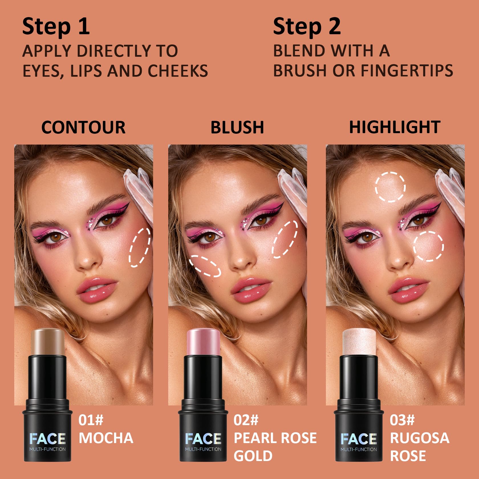 Set mit 3 Konturenstiften in Creme, Rouge, Highlighter, Bronzer und Konturenstift, matt, wasserfest, mit Pinsel, cremiger Stift, nicht fettend