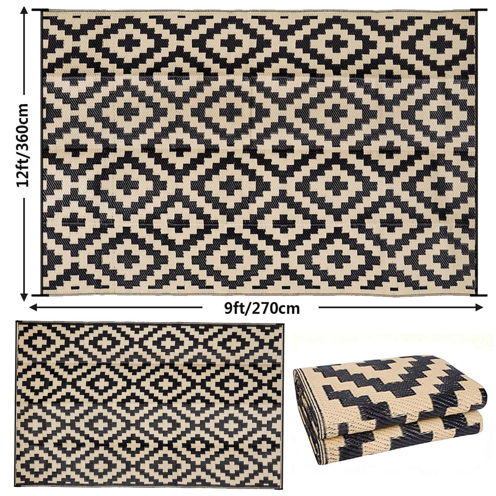 Dywan wewnętrzny/zewnętrzny 9x12ft Geometriczne dywany odwracalne Wodoodporne duże dywany zewnętrzne do ogrodu, przenośny dywan zewnętrzny na patio, kemping, taras, ganek, piknik