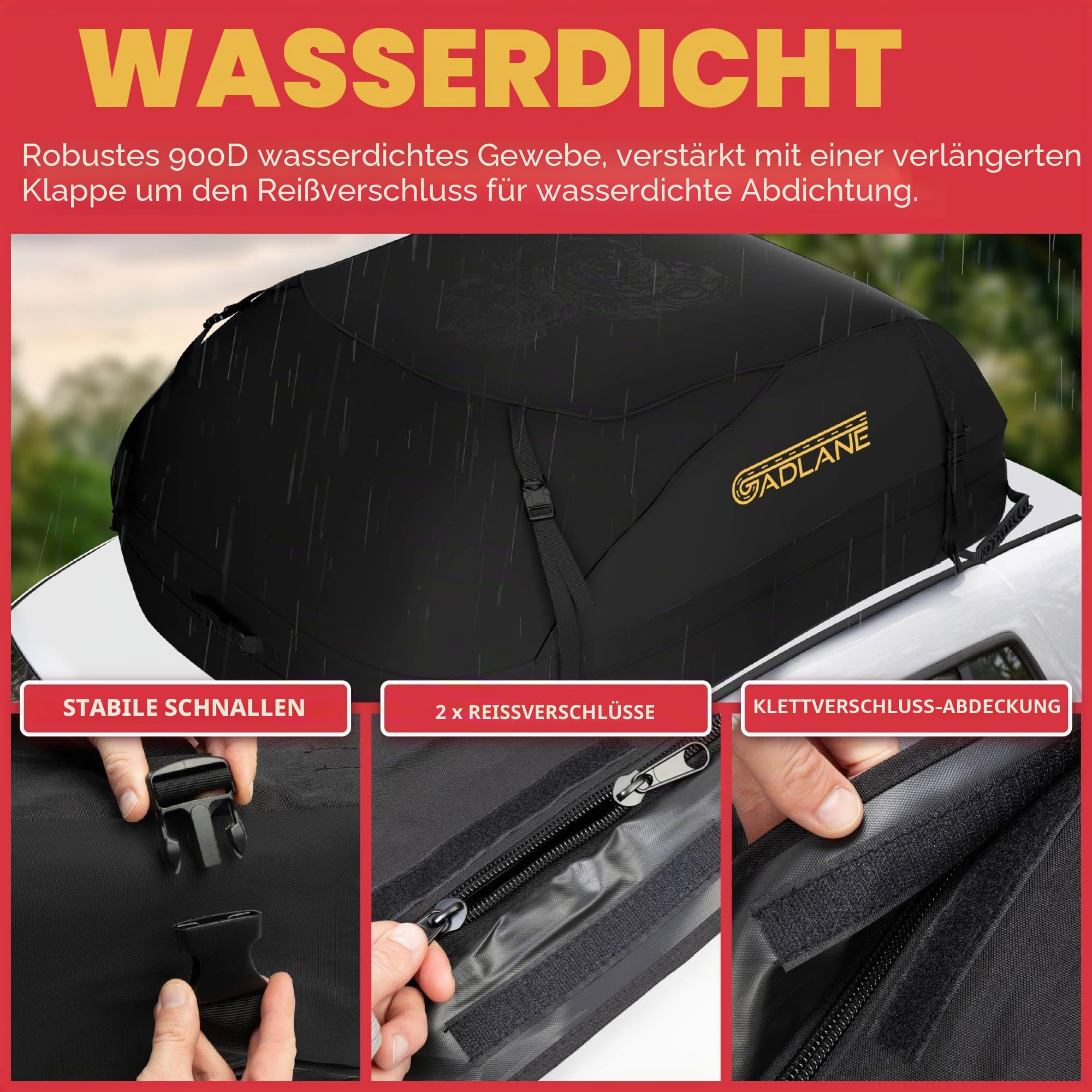 GADLANE Auto Dachtasche 400L Wasserdicht Dachbox für Autos & SUV mit oder ohne Dachträger mit 4 stabilen Gurten Anti-Rutsch-Matte Aufbewahrungstasche (Schwarz)