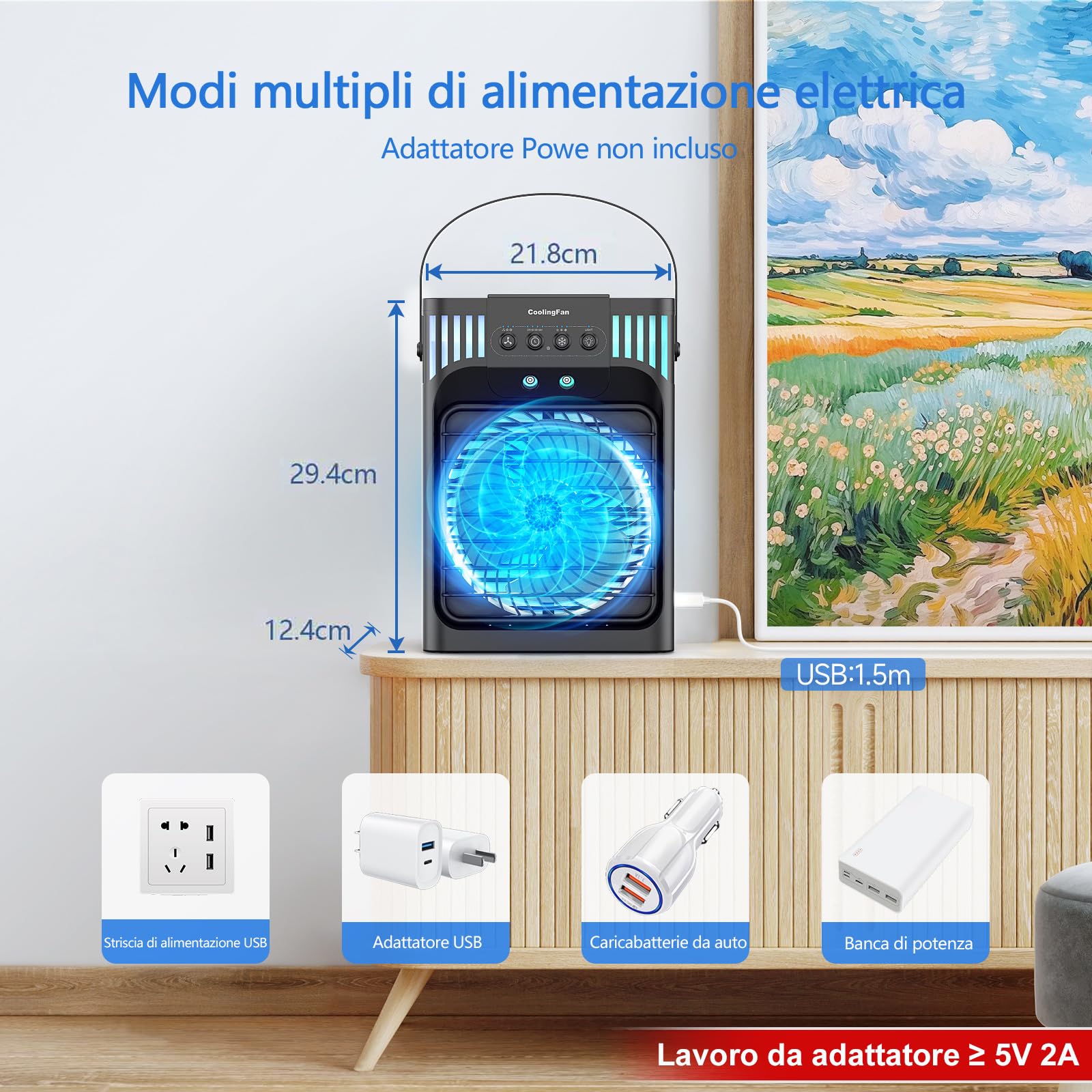 1200ML Condizionatore Portatile Silenzioso con Telecomando,Raffrescatore d'aria con 3 Velocità,3 Modalità di Nebbia, 2-8H Timer e 7 LED,10W Mini Condizionatore Portatile per Camera e Ufficio