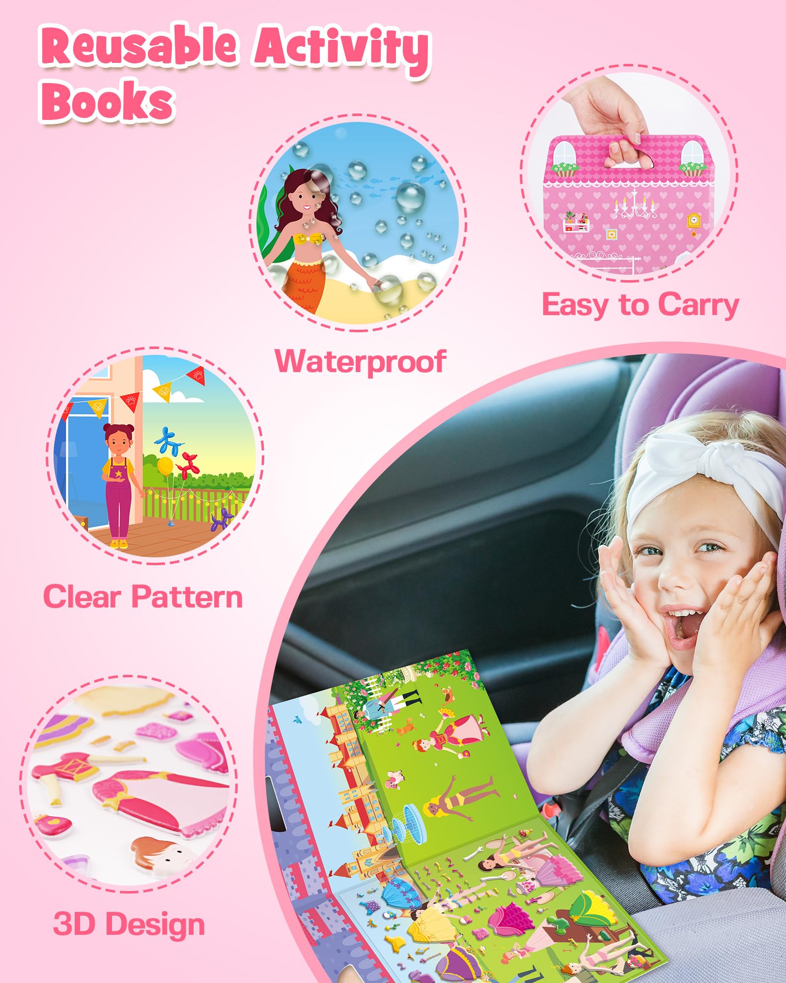 D-FantiX 3D Puffy Stickers for Toddlers 2-4 Years, Reusable Sticker Books for Girls Ages 4-8, Dress-Up, Princess, Mermaid - Image 4