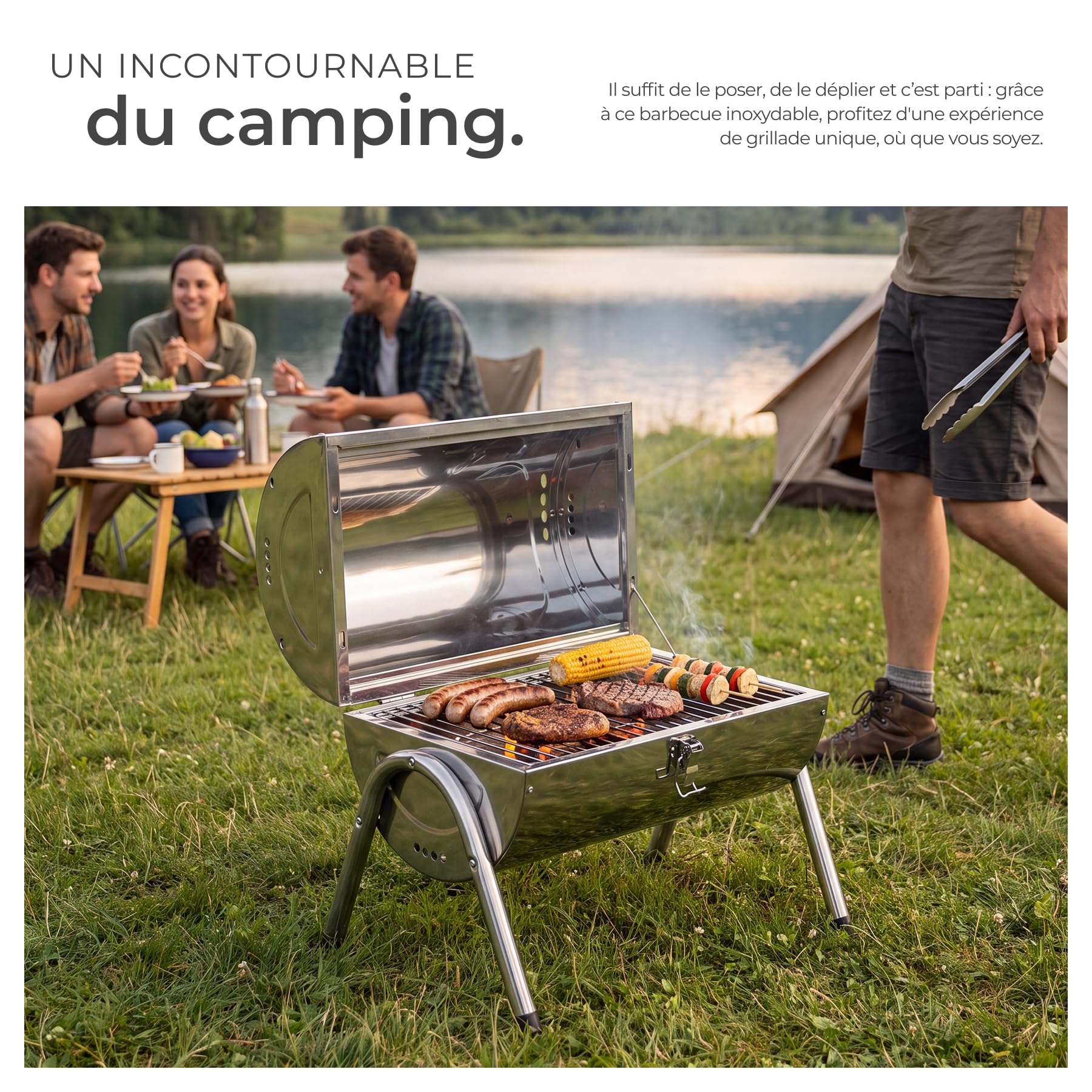 tectake® Barbecue portable avec double surface de cuisson, 42x30.5x44 cm | Acier inox, Couvercle pratique, Poignée en bois, Trous d'aération, Bacs à charbon amovibles, Pinces pour grille, Stabilité