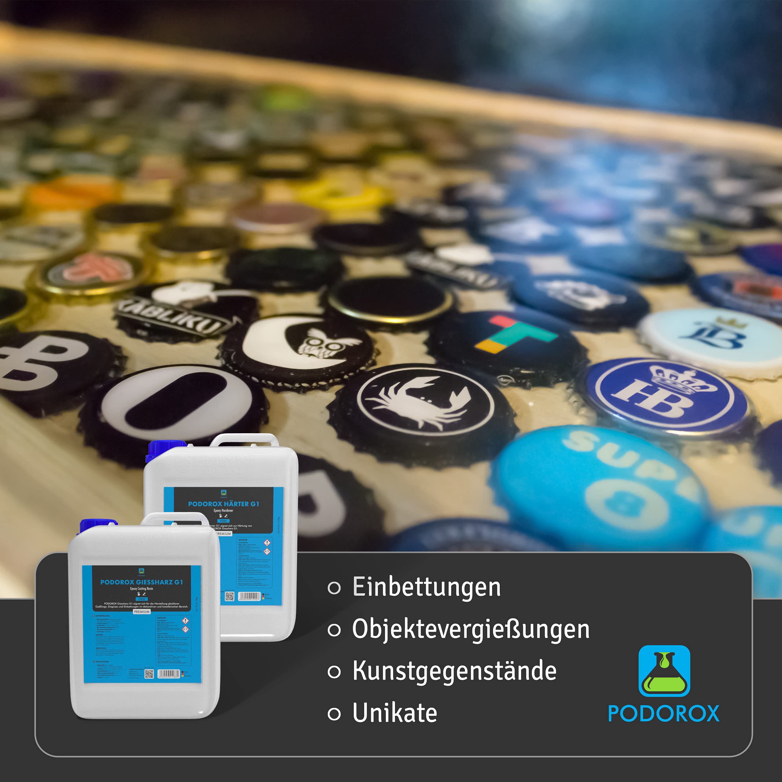 Epoxidharz Gießharz mit Härter | 60 kg PODOROX G1 | glasklar und geruchsarm | Zum Gießen | glasklar und transparent | Komplett für Anfänger und Profis | Epoxidharz Resin Set | Epoxyharz| Resin Set