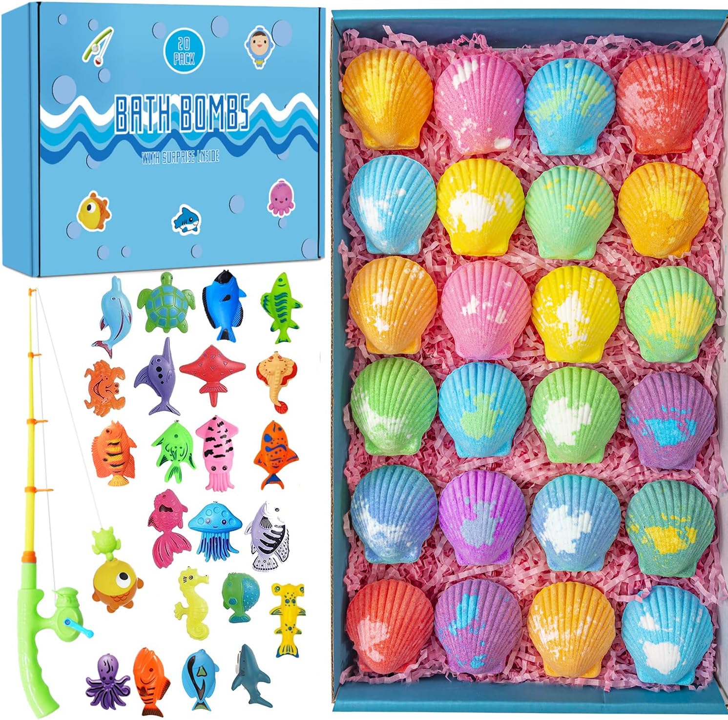 Bath Bombs for Kids with Surprise Fishing Games Inside for Girls Boys - 20 Shell Kids Bath Bombs Gift Set, Handmade Bubble Bath Fizzes Bomb for Chrildren Birthday Christmas and Party Favor