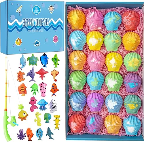 Bombas de baño para niños con juegos de pesca sorpresa en el interior para niñas y niños, juego de regalo de 20 bombas de baño de conchas para