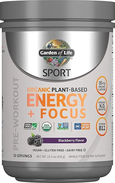 Garden of Life Sport Organic Plant Based Energy + Focus Clean Pre Workout Powder, with 85mg Caffeine, Natural No Booster, B12, Vegan, Gluten Free, Non-GMO, BlackBerry, 15.3 Oz Blackberry 15.