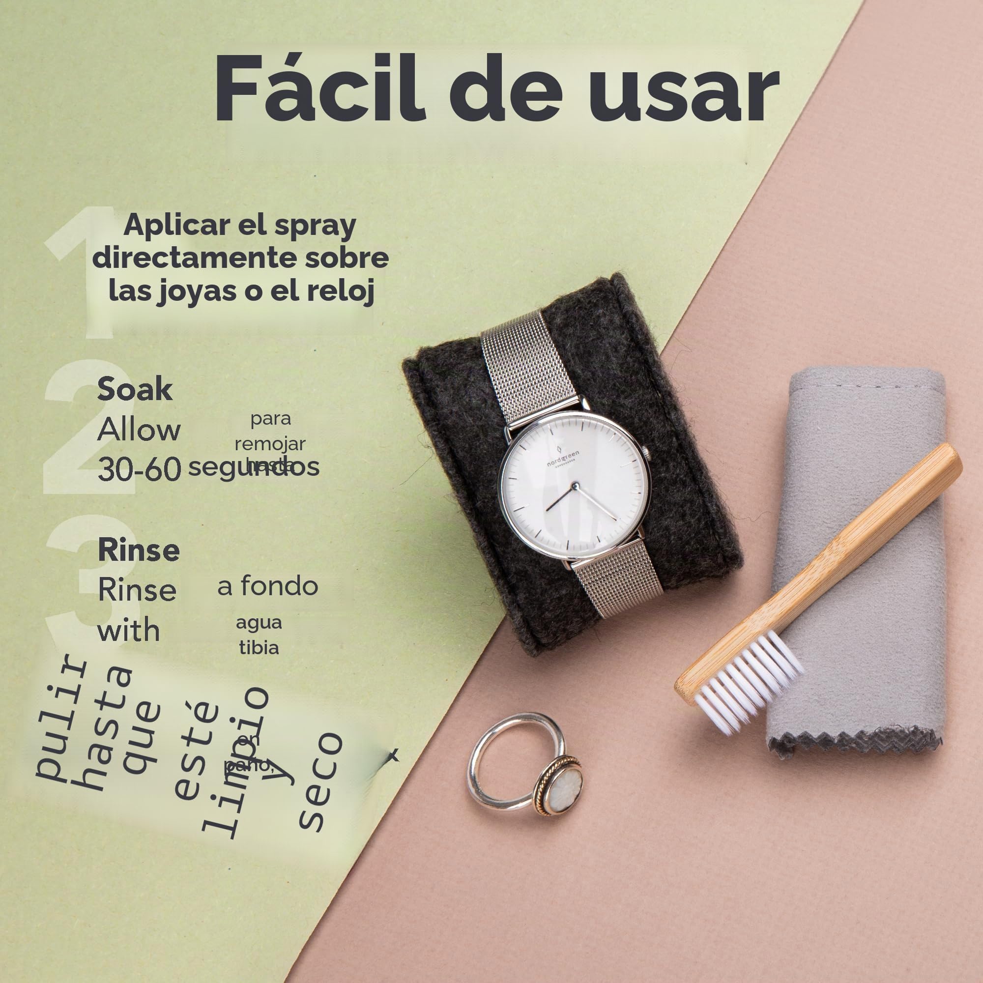 Solución limpiadora de joyas, kit de limpieza de relojes, oro y plata, limpiador de collares, pendientes y anillos, 80 ml, restaura el brillo con el paño y el cepillo incluidos