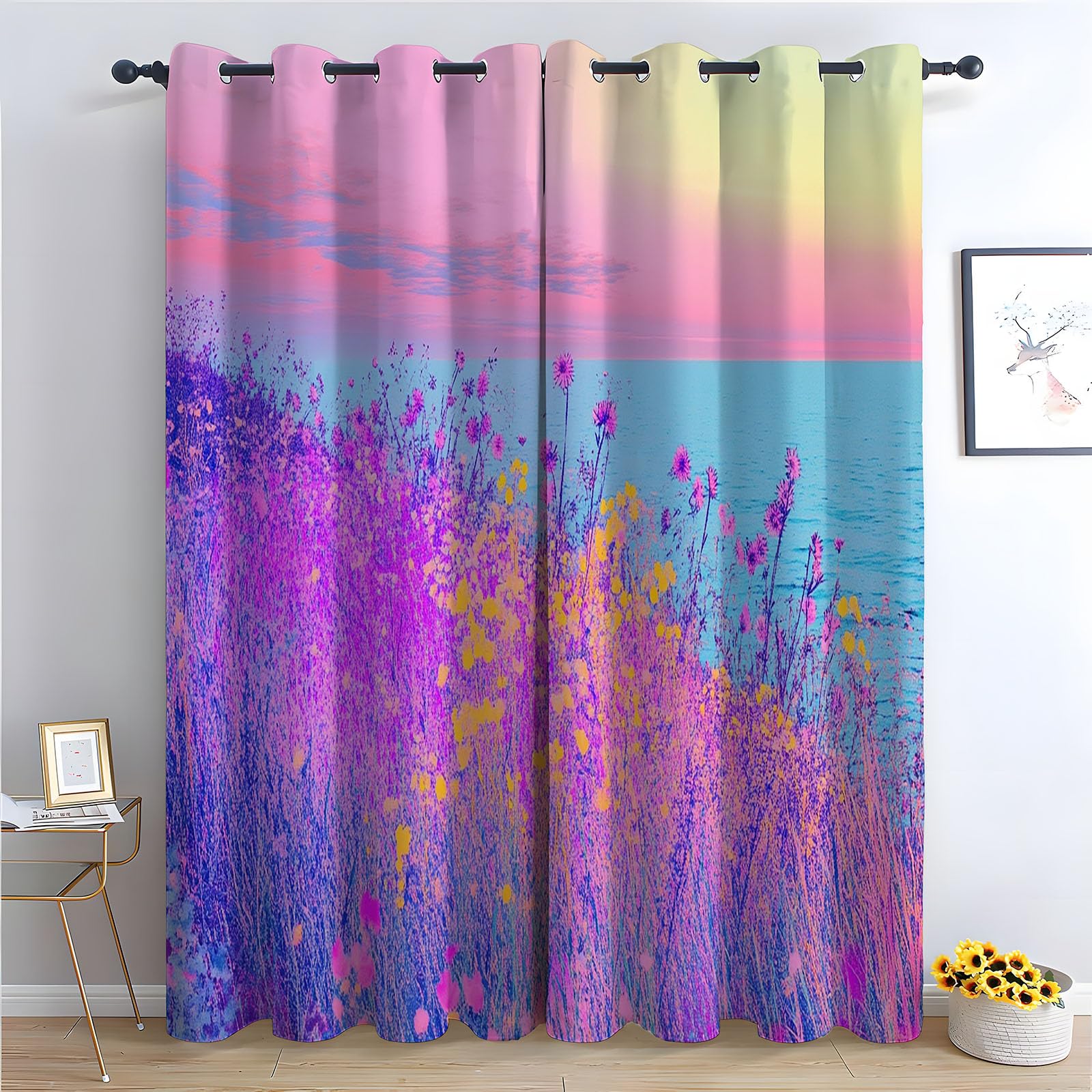 WIKEO Floral Curtains Beach Flower Scenery - Botanical Pencil Pleated Drapes - for Bedroom Drop Eyelet Curtain, Thermal Insulated Blackout 2 Panels-52 W x 96" L (Pack of 2)