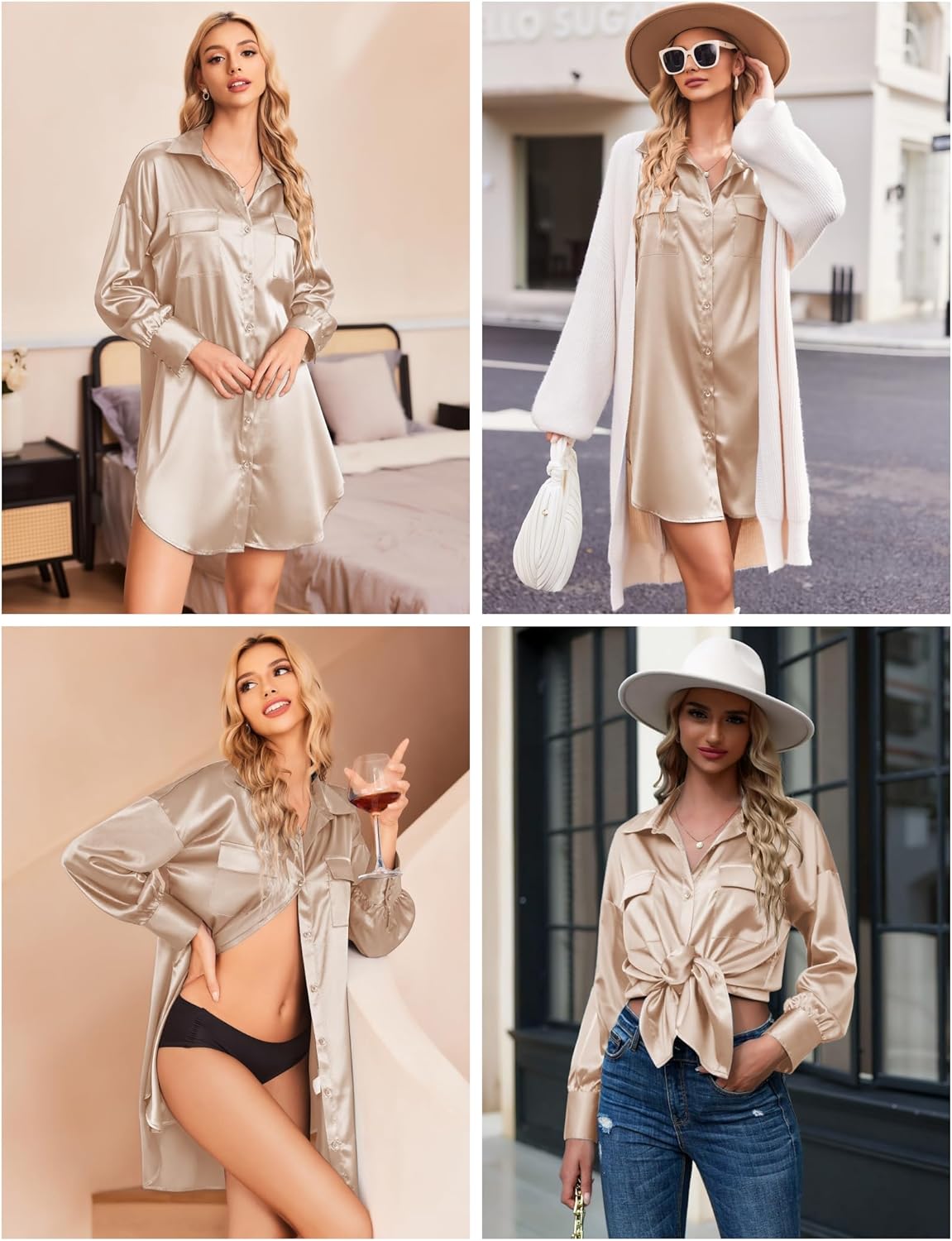 Ekouaer Women Satin Sleep Shirt Long Sleeve Nightgown Button Down Nightshirt Silk Sleepwear Soft Pajama Dress Sleep Dress - Image 4