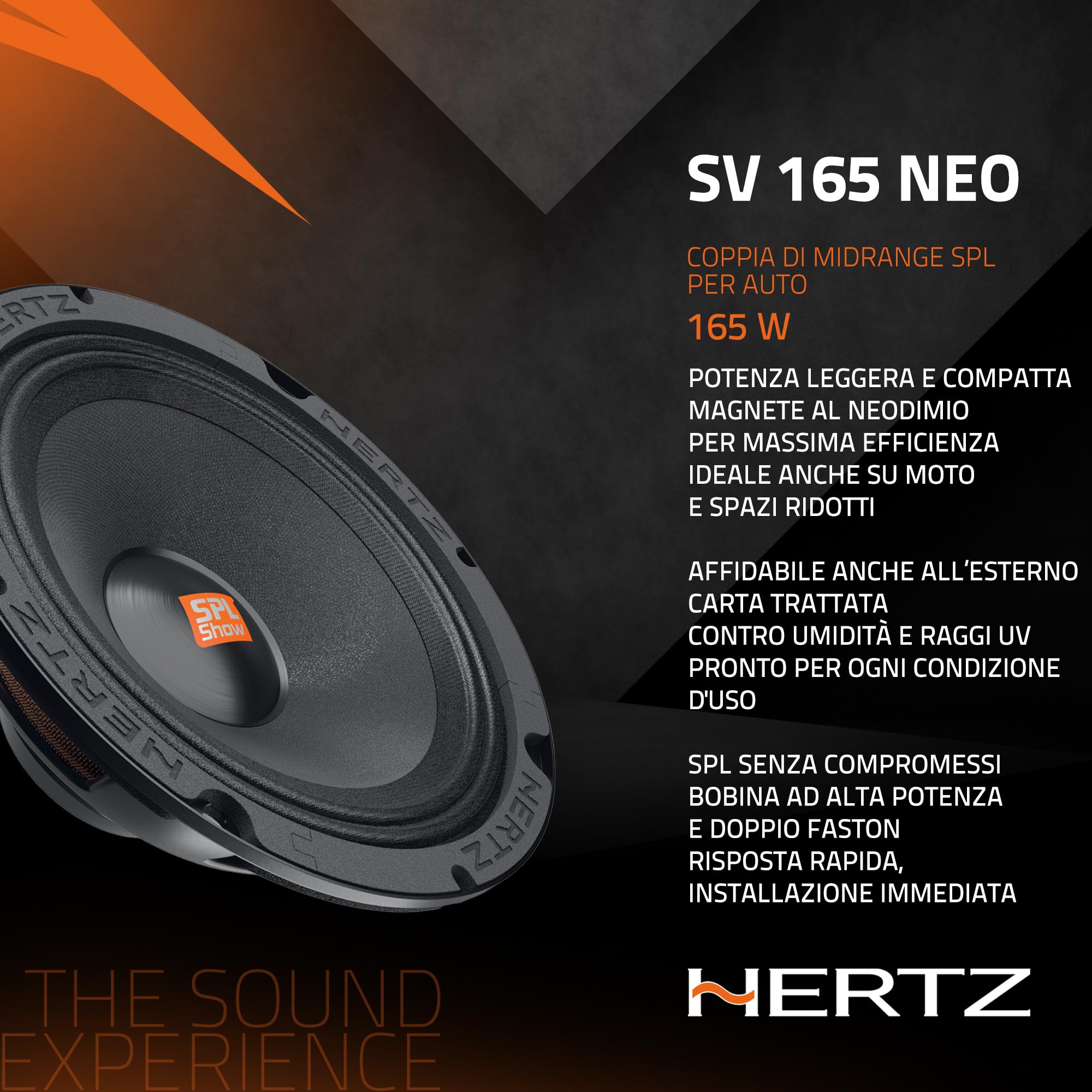 Hertz SV 165 Neo – Coppia di midrange SPL da 165 mm con magnete al neodimio e 150W RMS per sistemi audio ad alta pressione su auto e moto