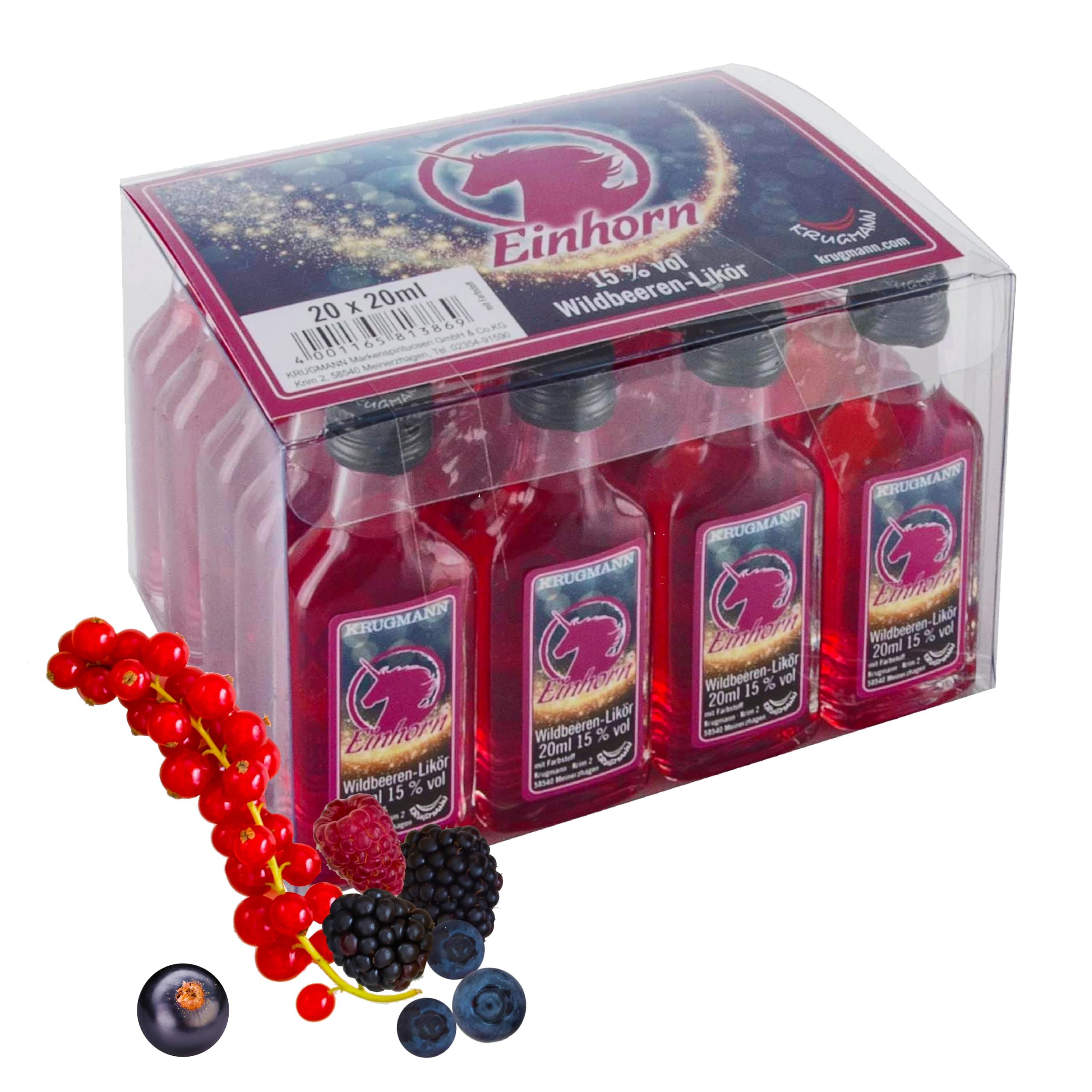 20er Box EINHORN Wildbeeren Likör 15% Vol. - 20 x 20 ml - 400 ml - Mini Glasfläschchen - Shot - Der magische Zauberlikör