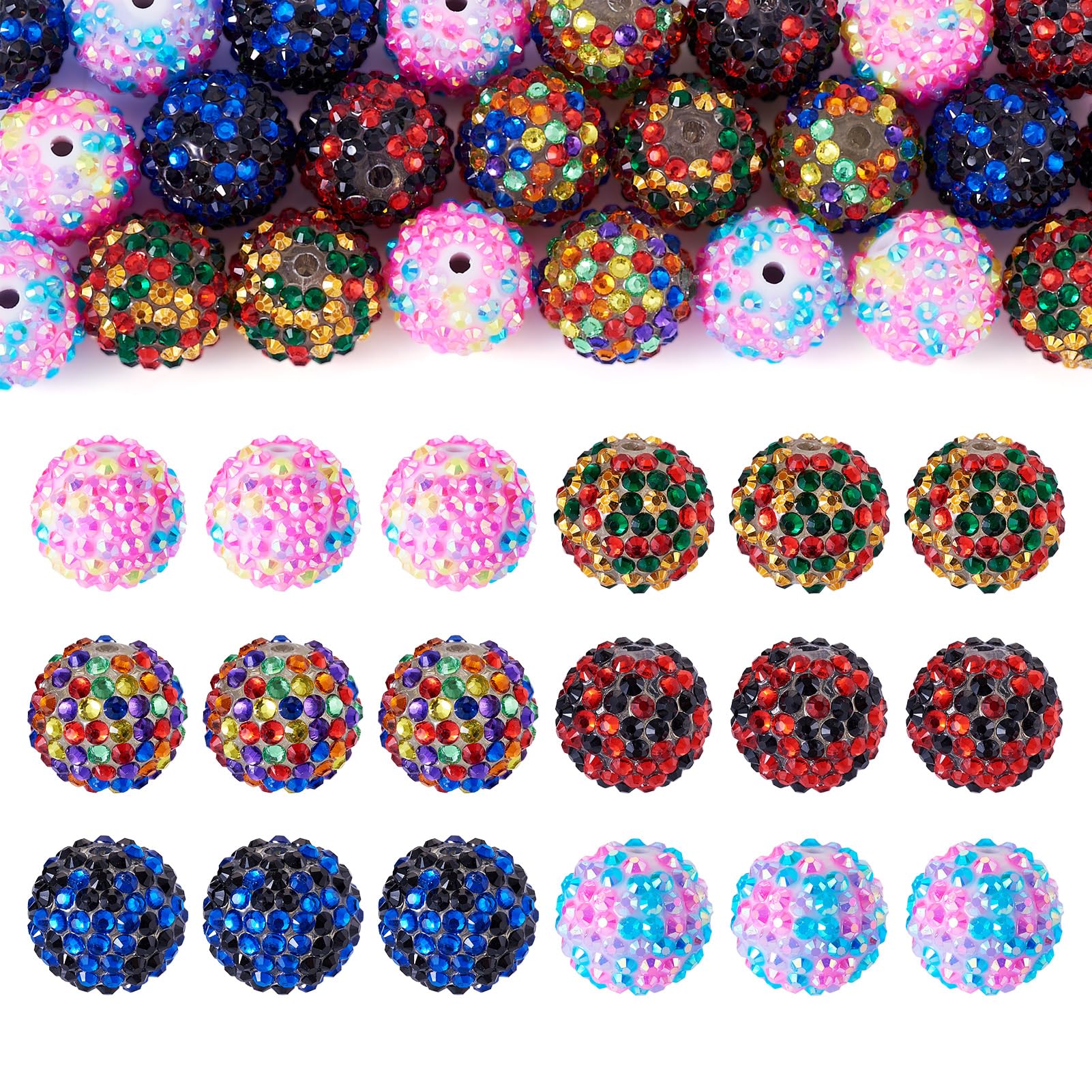 Pandahall 24pcs Sparkle Rhinestone Beads 20mm Shiny Disco Ball Beads Colorful Round Crystal Clay Spacer Bead for Bracelet Baseball Necklace Earring Crafting