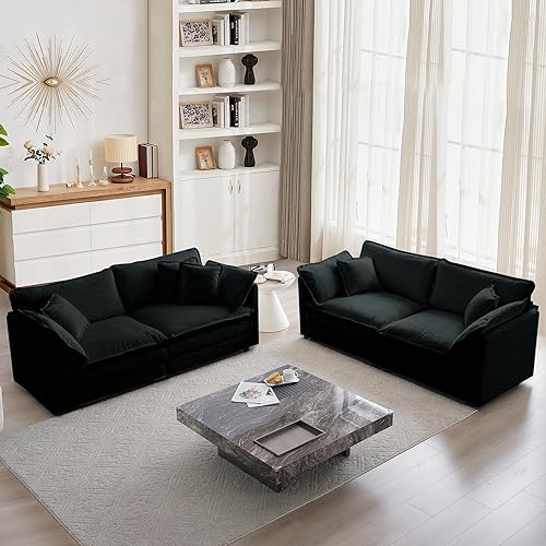mikibama Luxury 2 Piece Sofa Set, 2 Pieces of Loveseat Sofa, Modern Chenille Comfy Cloud Couches Set for Living Room Office with 4 Armrest Pillows and 4 Toss Pillows, Black