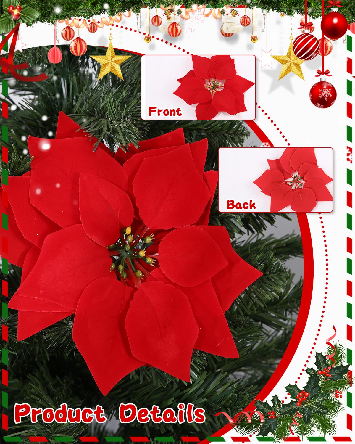 Set Di 15 Fiori Rossi Per Albero Di Natale Con Clip, 14 Cm, In Velluto E Glitter - Decorazioni Natalizie 2025