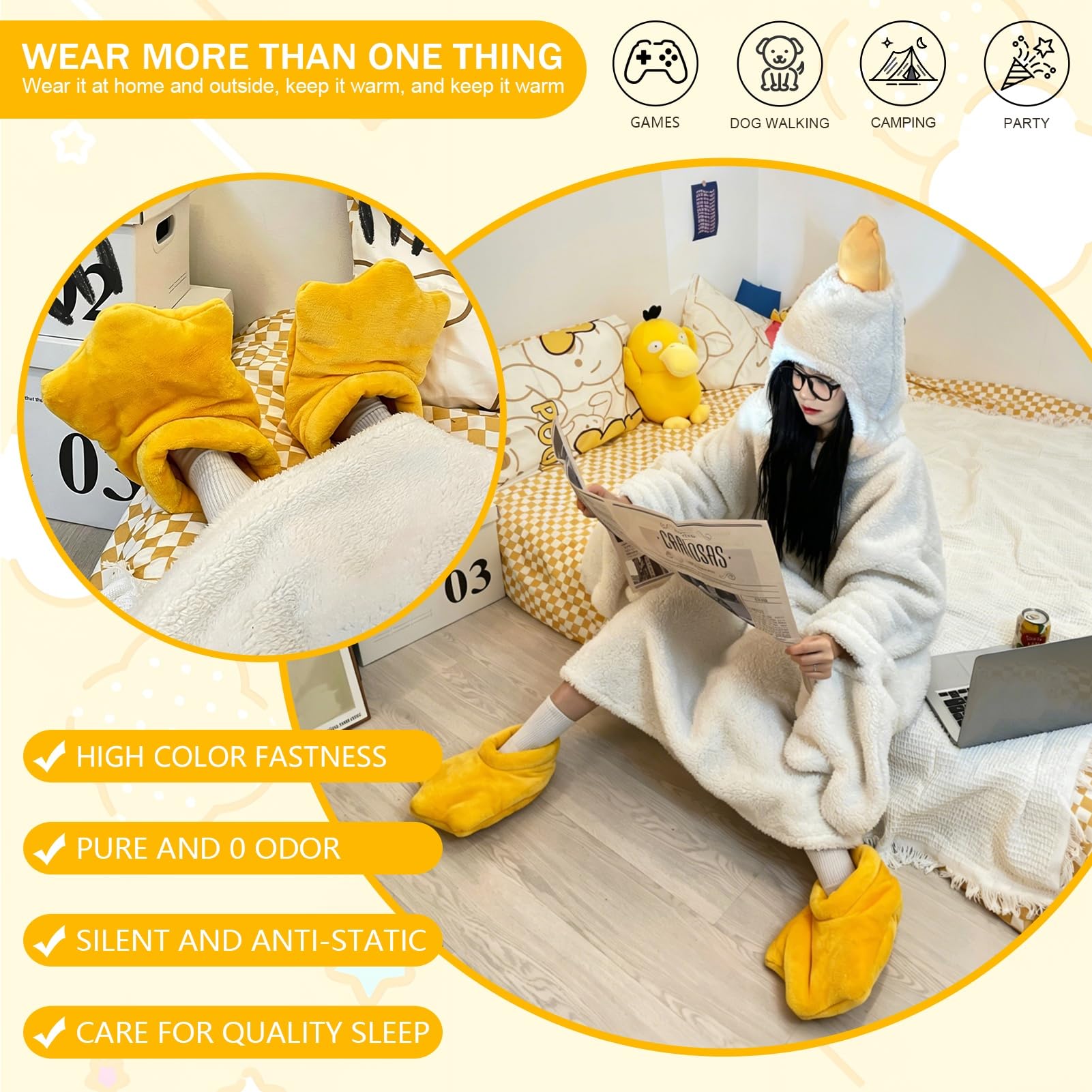 Pijama de Pato y Mono de Ganso Vestible, Manta con Capucha Graciosa para Adultos, Body Sudadera para Parejas en Felpa Suave, Saco de Dormir Grueso de Lana Coral