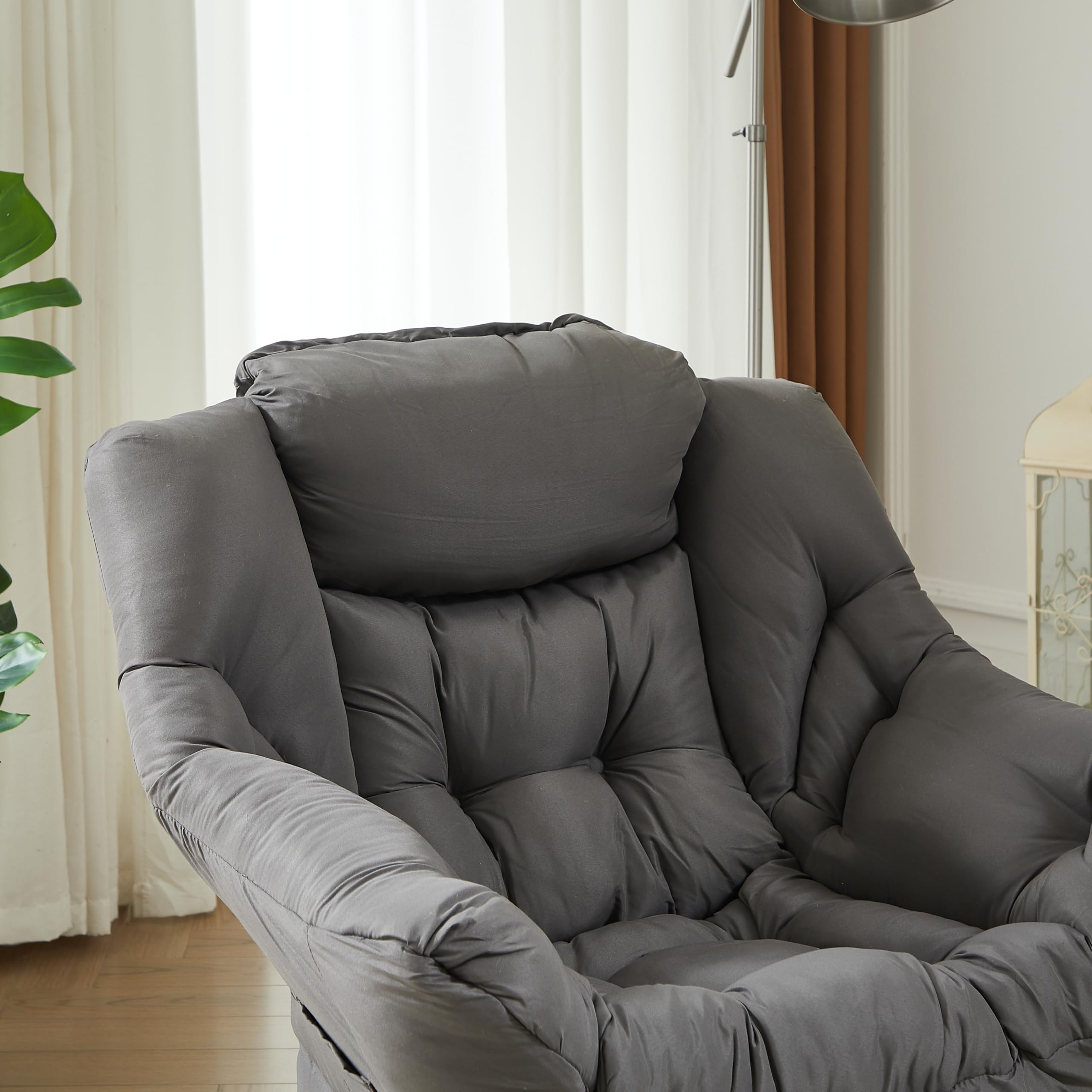 Silla perezosa grande de tela para sala de estar, silla de lectura, acogedora silla de descanso con reposabrazos, sofá de ocio, color gris oscuro 4