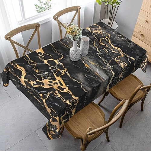 Mantel rectangular de mármol, gris oscuro y mármol negro con mantel largo dorado, lavable para cocina, comedor, fiesta de cumpleaños, vacaciones,