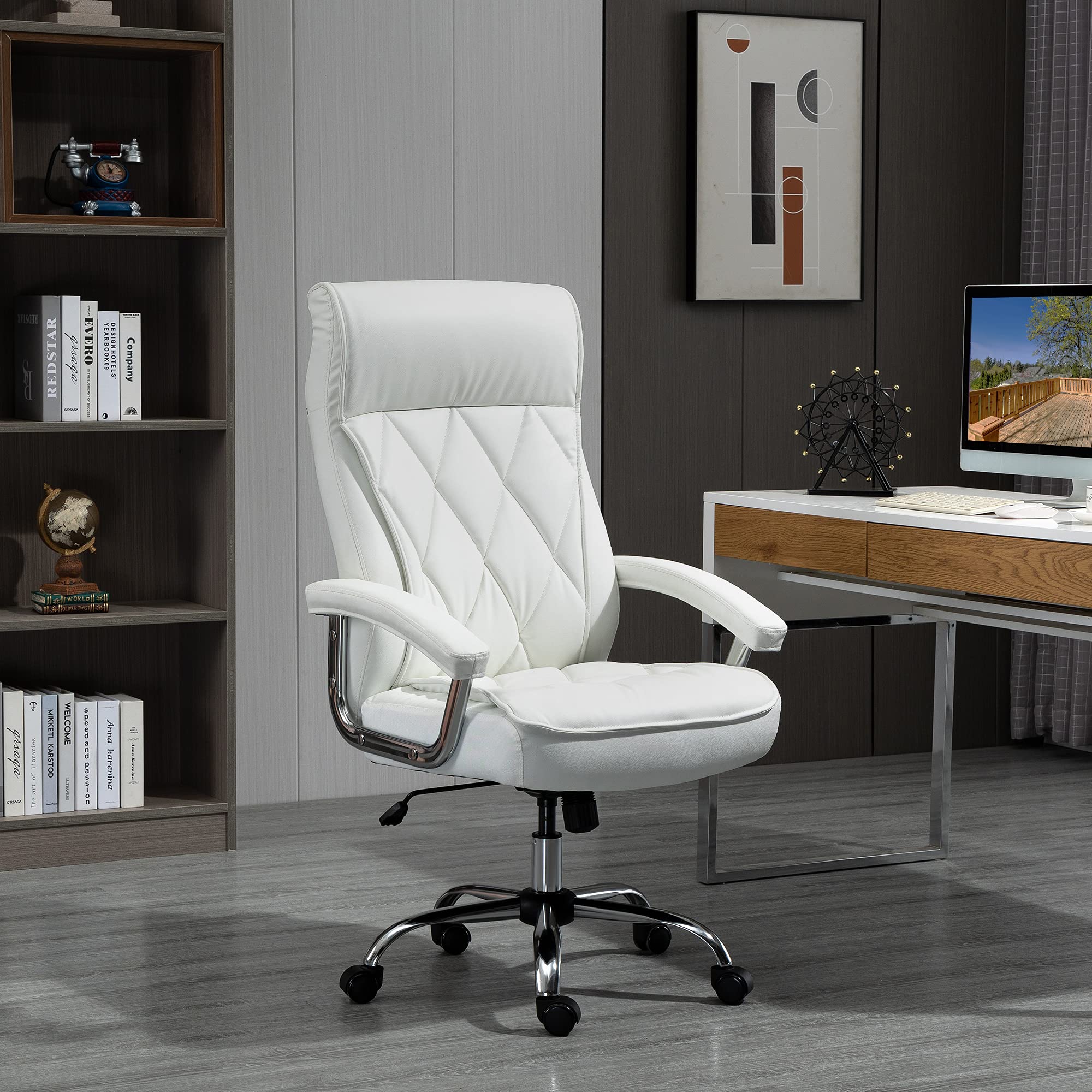 biurowe Vinsetto fotel biurowy krzesło do gier fotel obrotowy ergonomiczne z funkcją kołysania regulacja wysokości wzór w romby nowoczesne eleganckie luksusowe skóra PU metal pianka kolor biały