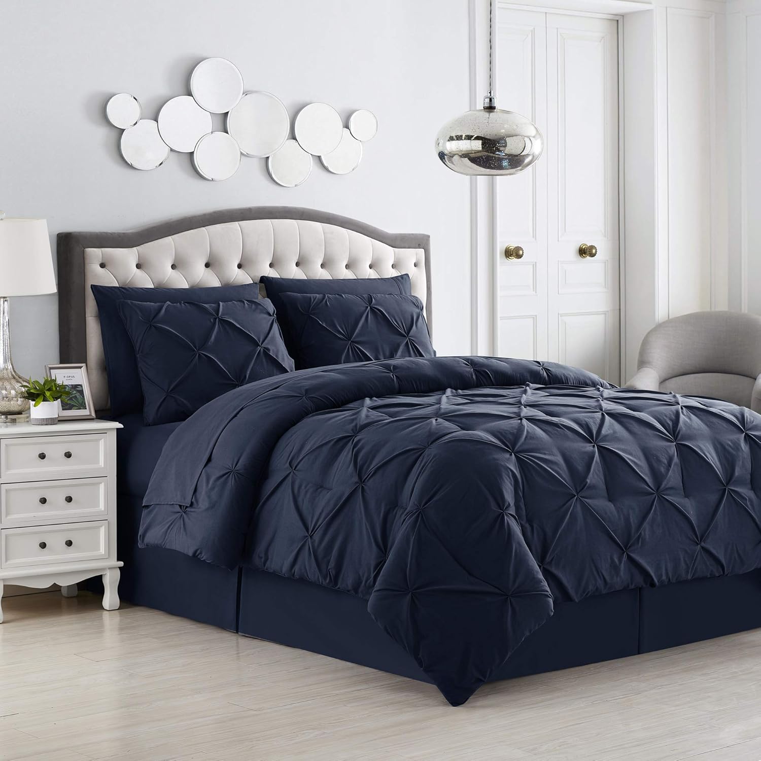 Sweet Home Collection Comforter Set 8 Piece Bed in a Bag Design, Bed Sheets, 2 Pillowcases, & 2 Shams Down Alternative All Season Warmth, Queen, Pintuck Navy (Pack of 3)