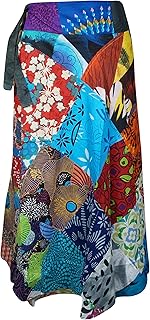 Mogul Interior Womens Cotton Wrap Skirt, Travel Short Skirt, Floral Print Patchwork Blue Red Skirt, One Size