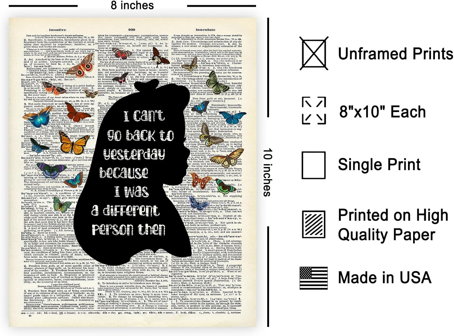 Poster Master Alice Wonderland Poster - I Can't Go Back To Yesterday Print - Butterfly Art - Alice Silhouette Art - Gift for Lady, Girl - Chic Decor for Bedroom, Girl's Room - 8x10 UNFRAMED Wall Art