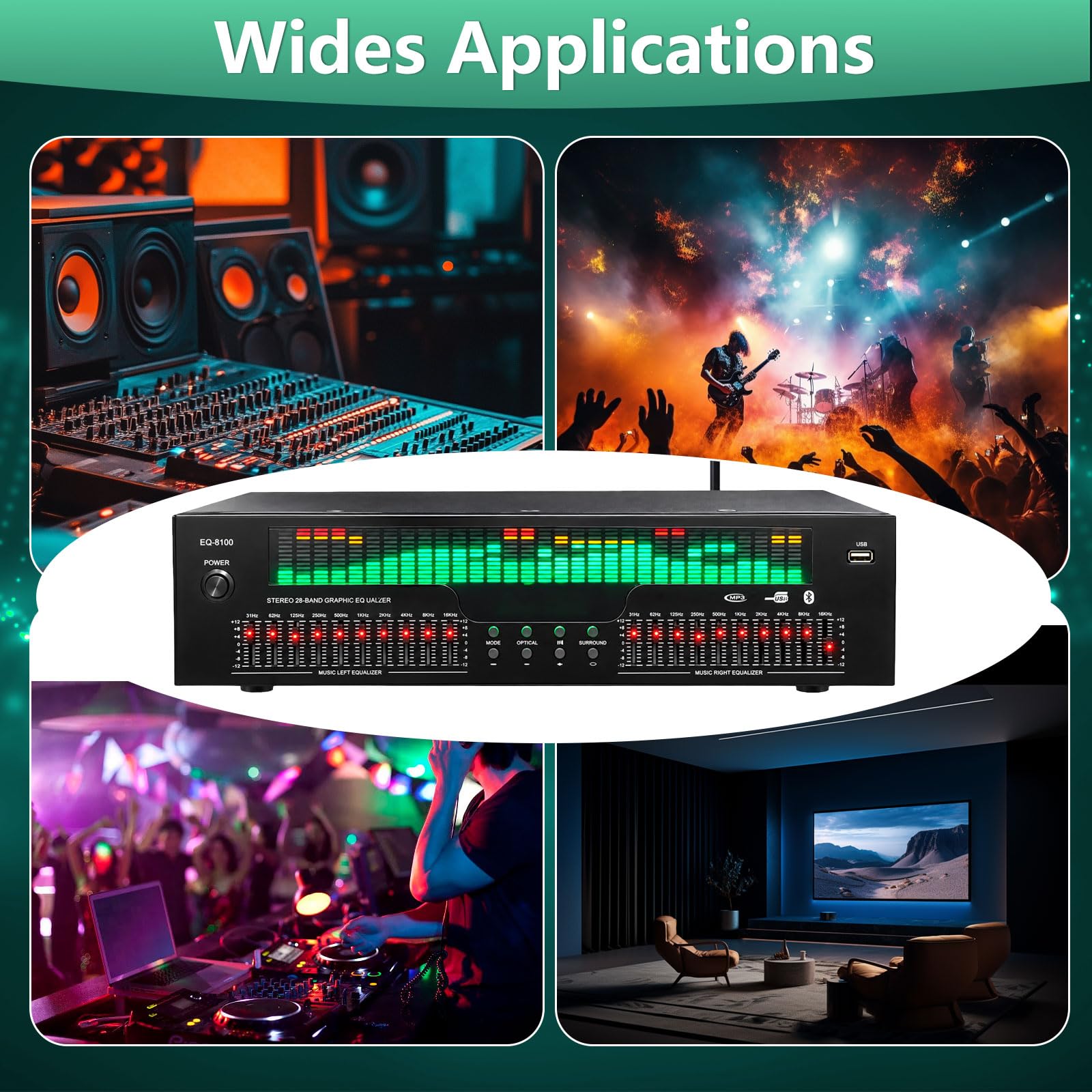 31 pasm korektora graficznego z wyświetlaczem widma LED, 12 wzorów rytmicznych | Podwójny 10-segmentowy niezależny tuning, Bluetooth 5.3 Optical Coaxial Digital Audio Decoding, do stadionu, studia nagrań
