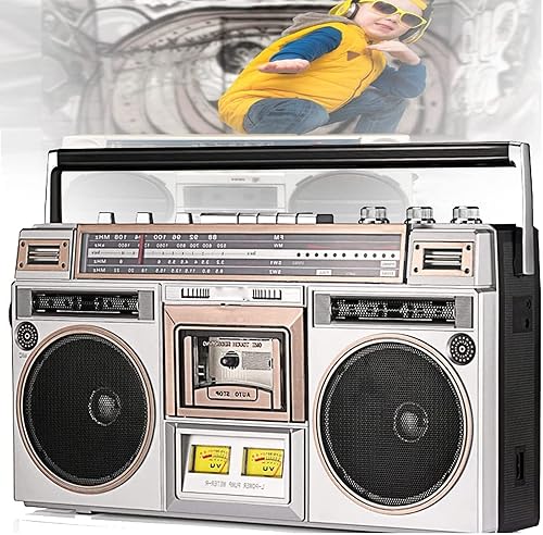 Boombox Bluetooth retro, altavoz estéreo incorporado con reproductor de casete conector de auriculares USBMsd ranura AmFmSw Radio Led Medidor UV