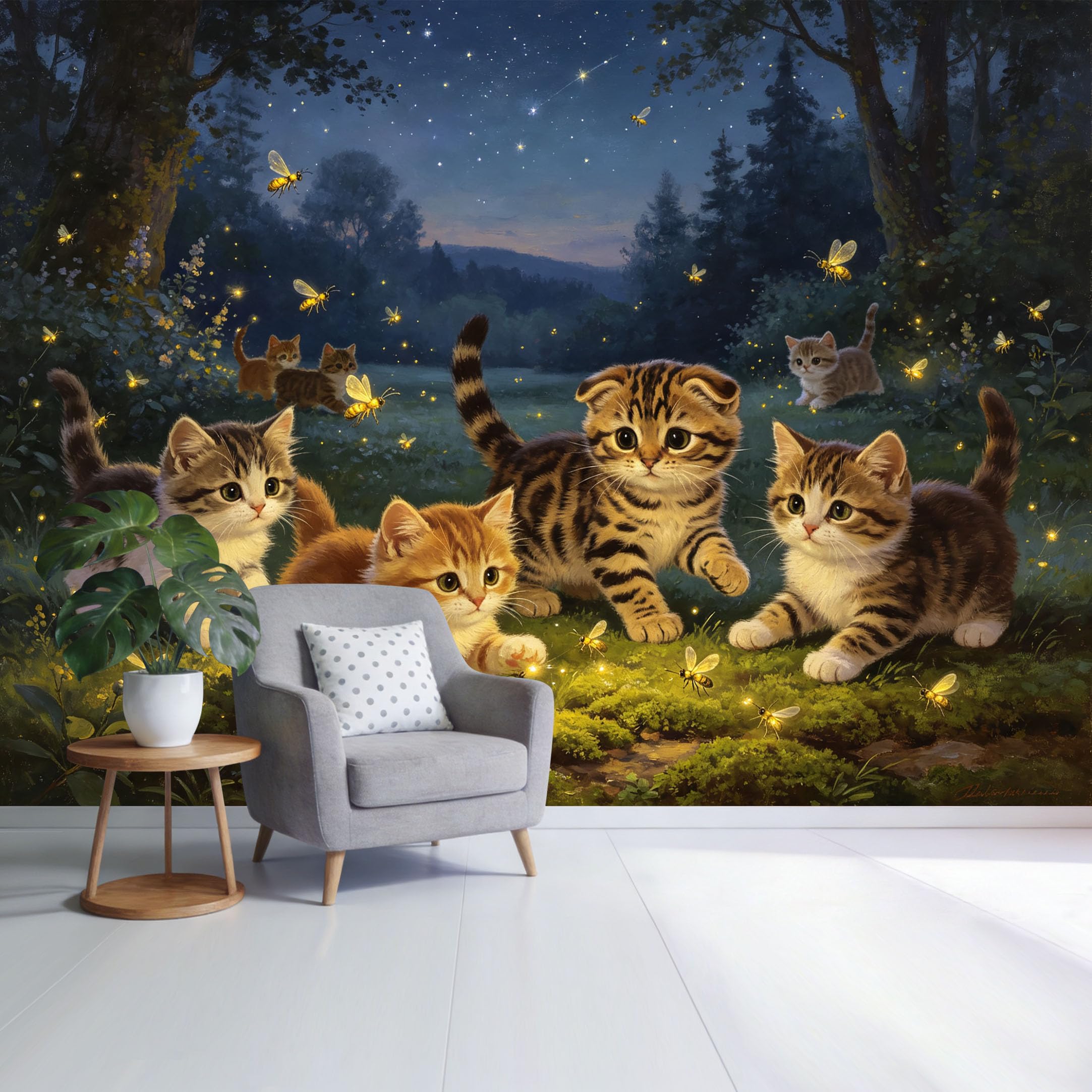 Custom Size Wall Mural Cute Kittens Playing Under Starry Night Sky with Fireflies Watercolor Landscape SelfAdhesive Wall Fabric Removable Wallpaper for Home Office Decor