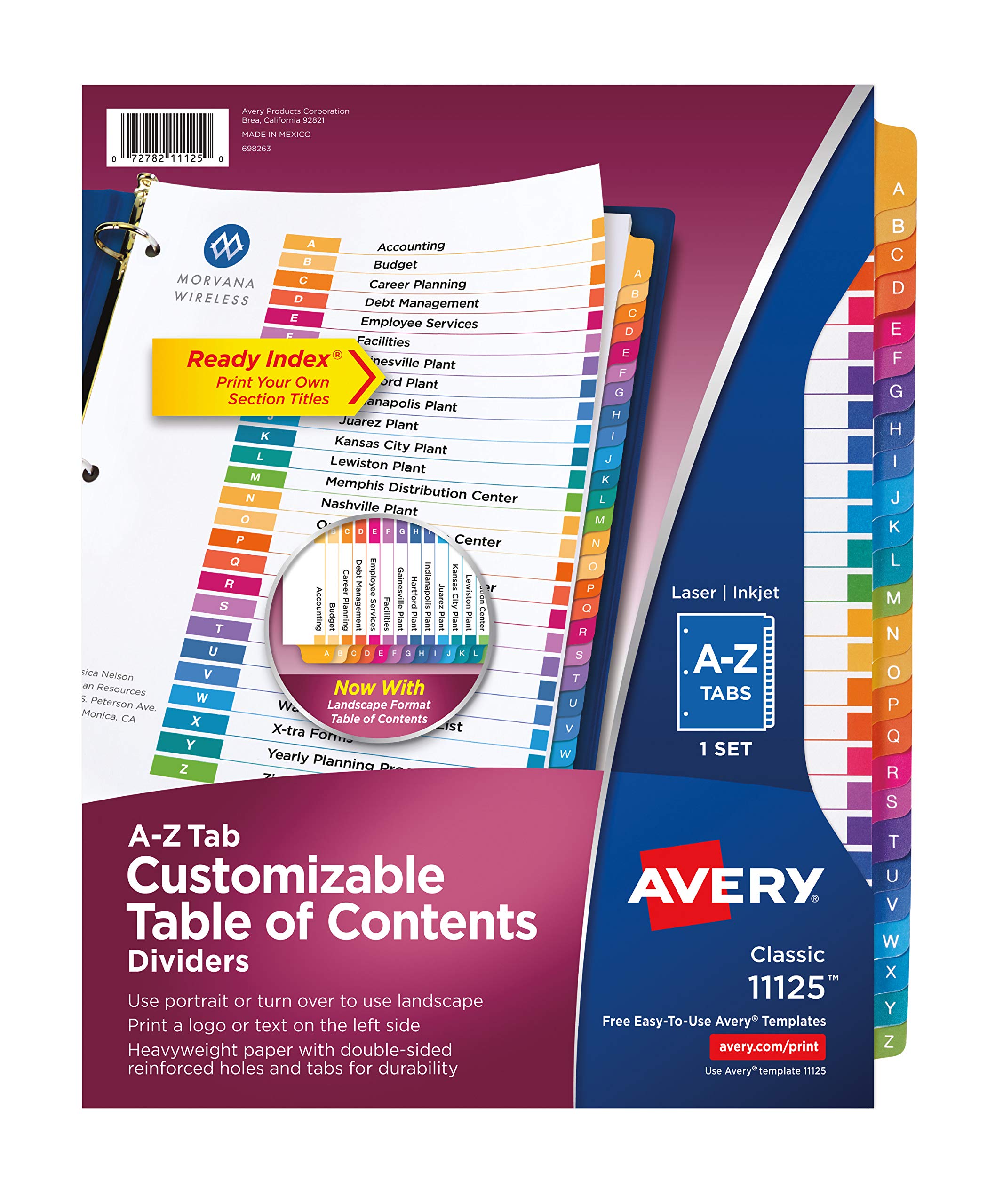 Avery Ready Index A-Z Dividers, Printable Table of Contents, Multicolor Tabs, Case Pack of 12 Sets (11125)
